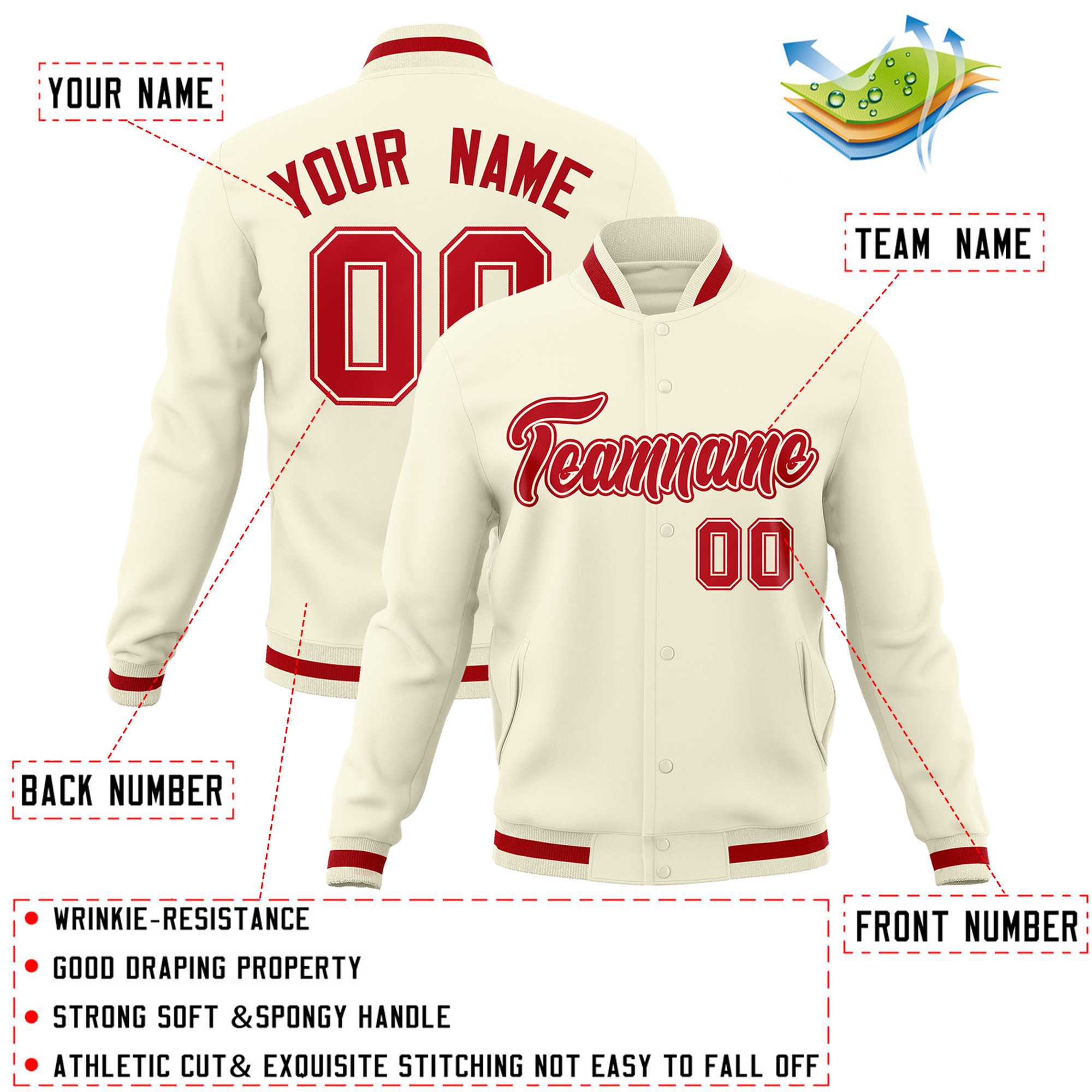 Custom Khaki Red-Red Classic Style Varsity Full-Snap Letterman Jacket