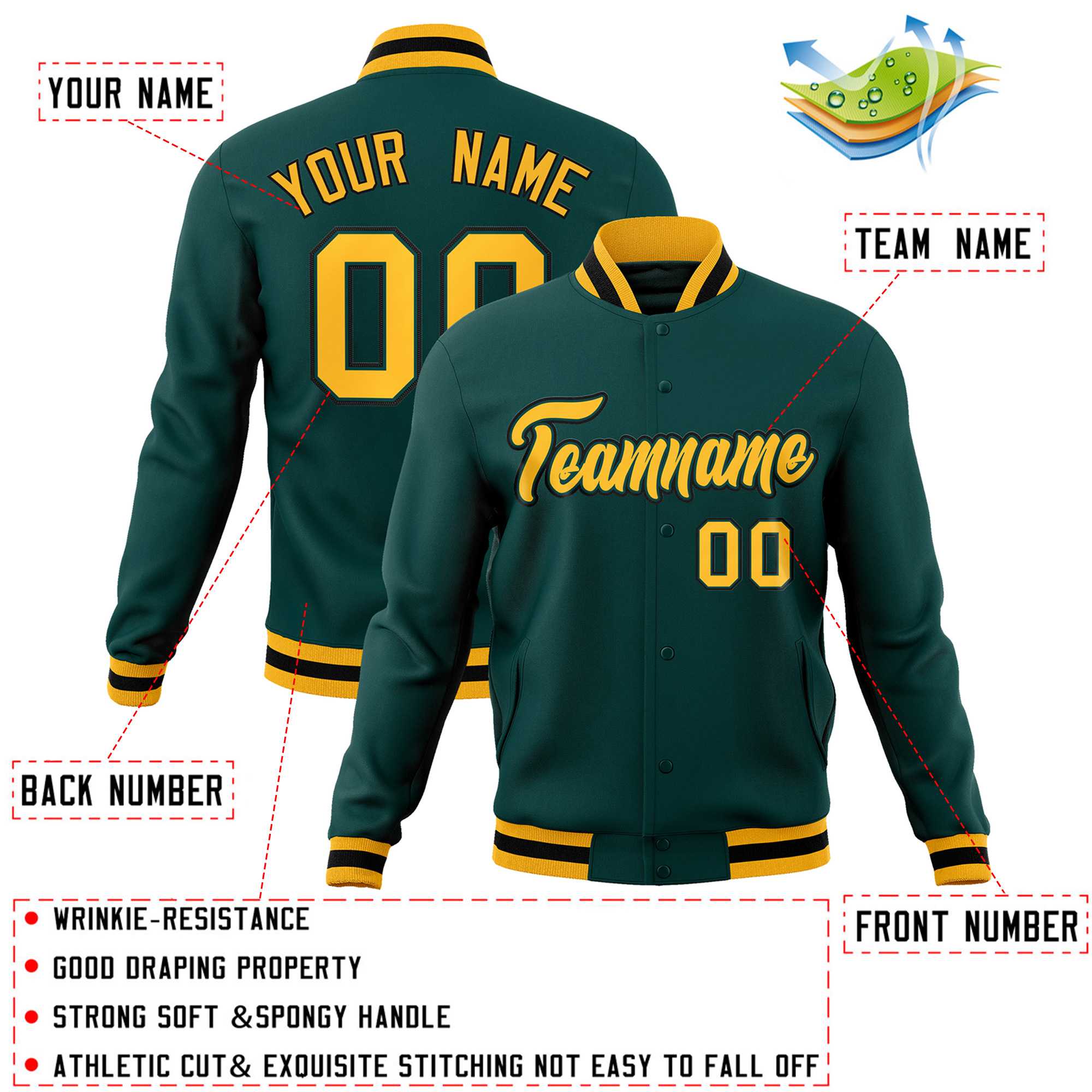 Custom Midnight Green Gold-Black Classic Style Varsity Full-Snap Letterman Jacket