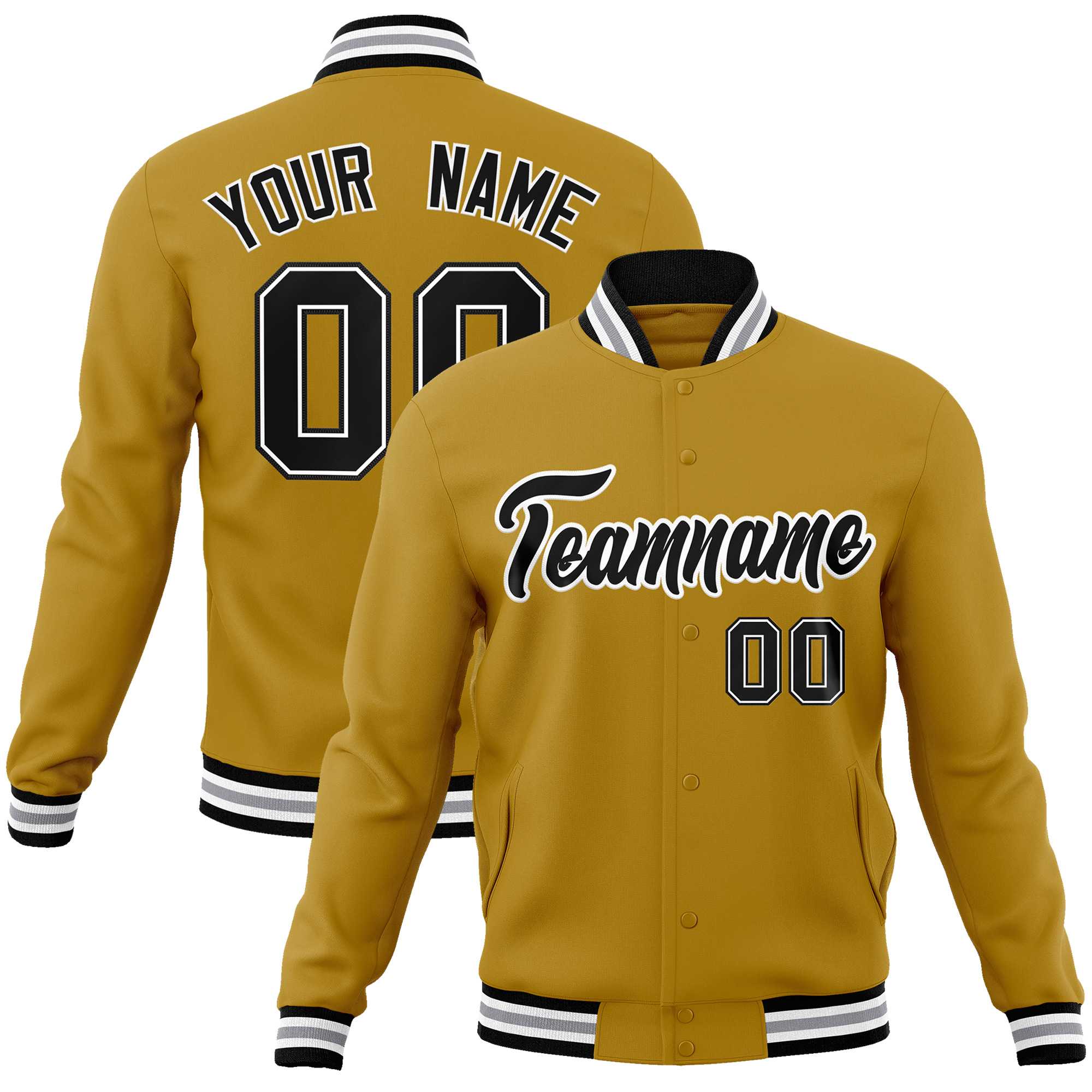 Custom Old Gold Black-White Classic Style Varsity Full-Snap Letterman Jacket