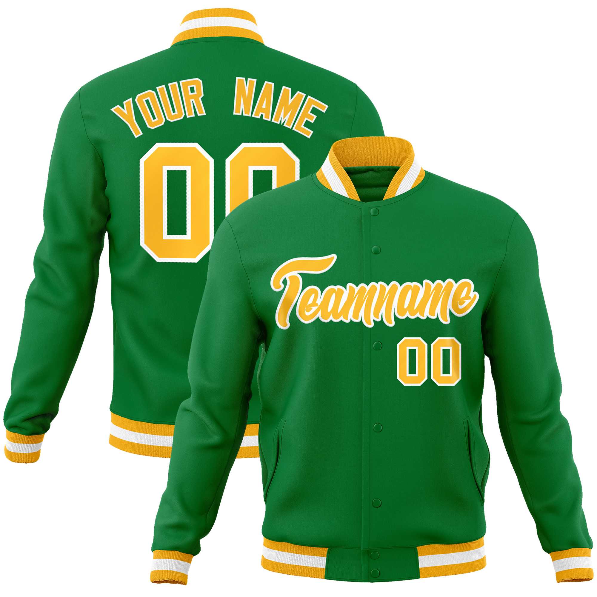 Custom Kelly Green Gold-White Classic Style Varsity Full-Snap Letterman Jacket