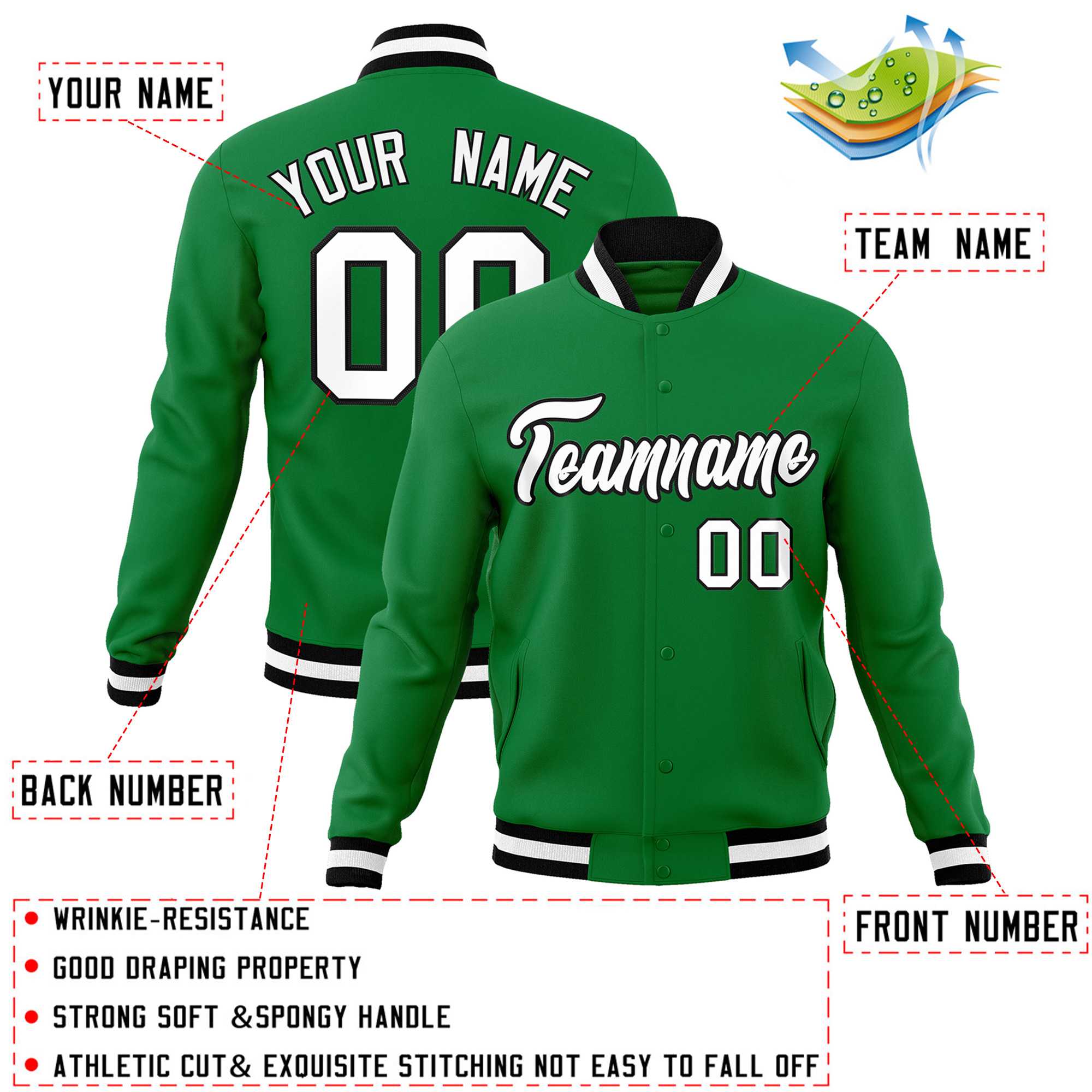 Custom Kelly Green White-Black Classic Style Varsity Full-Snap Letterman Jacket