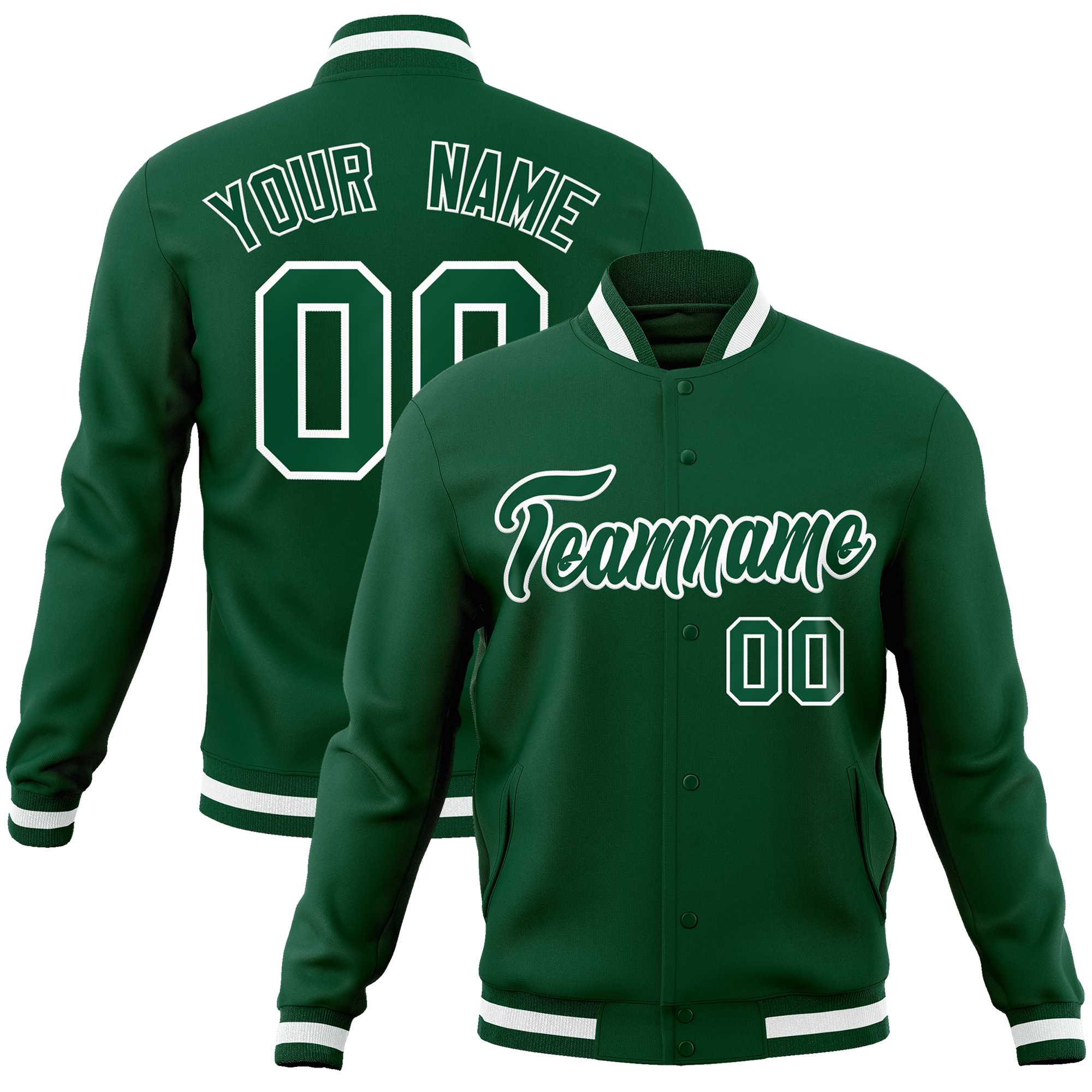 Custom Green Green-White Classic Style Varsity Full-Snap Letterman Jacket