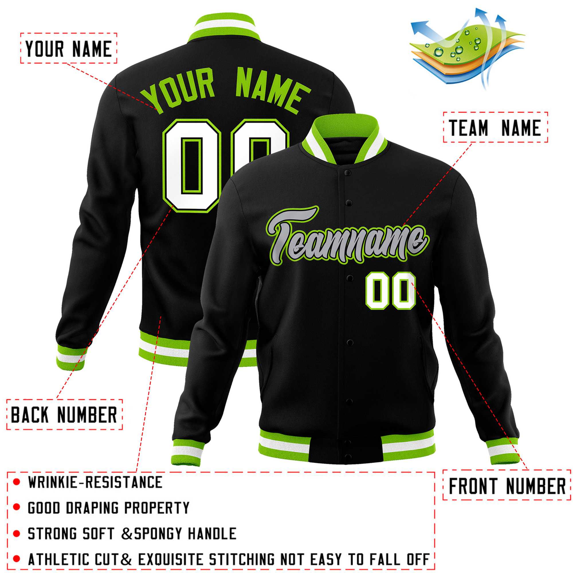 Custom Black Gray-Neon Green Classic Style Varsity Full-Snap Letterman Jacket