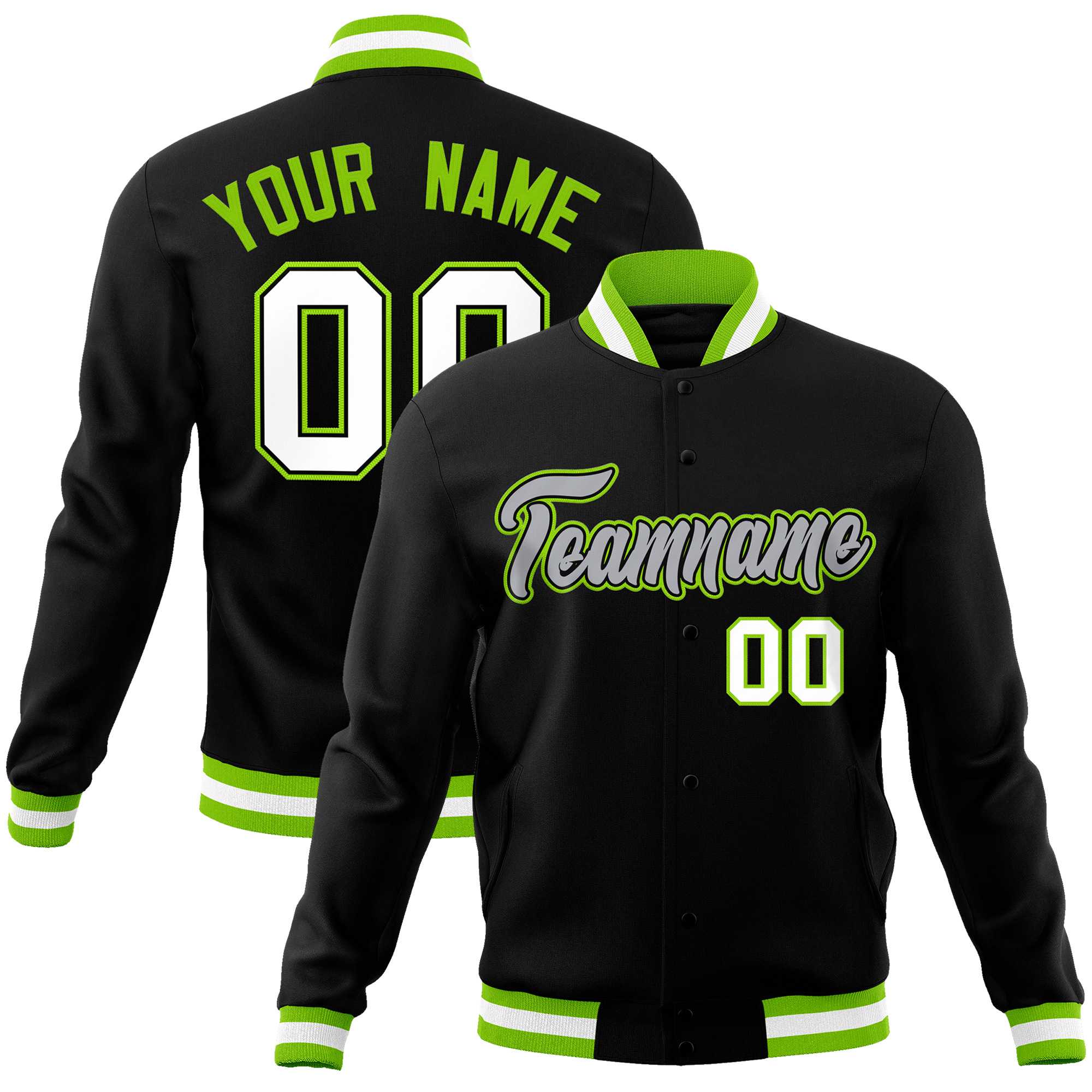 Custom Black Gray-Neon Green Classic Style Varsity Full-Snap Letterman Jacket