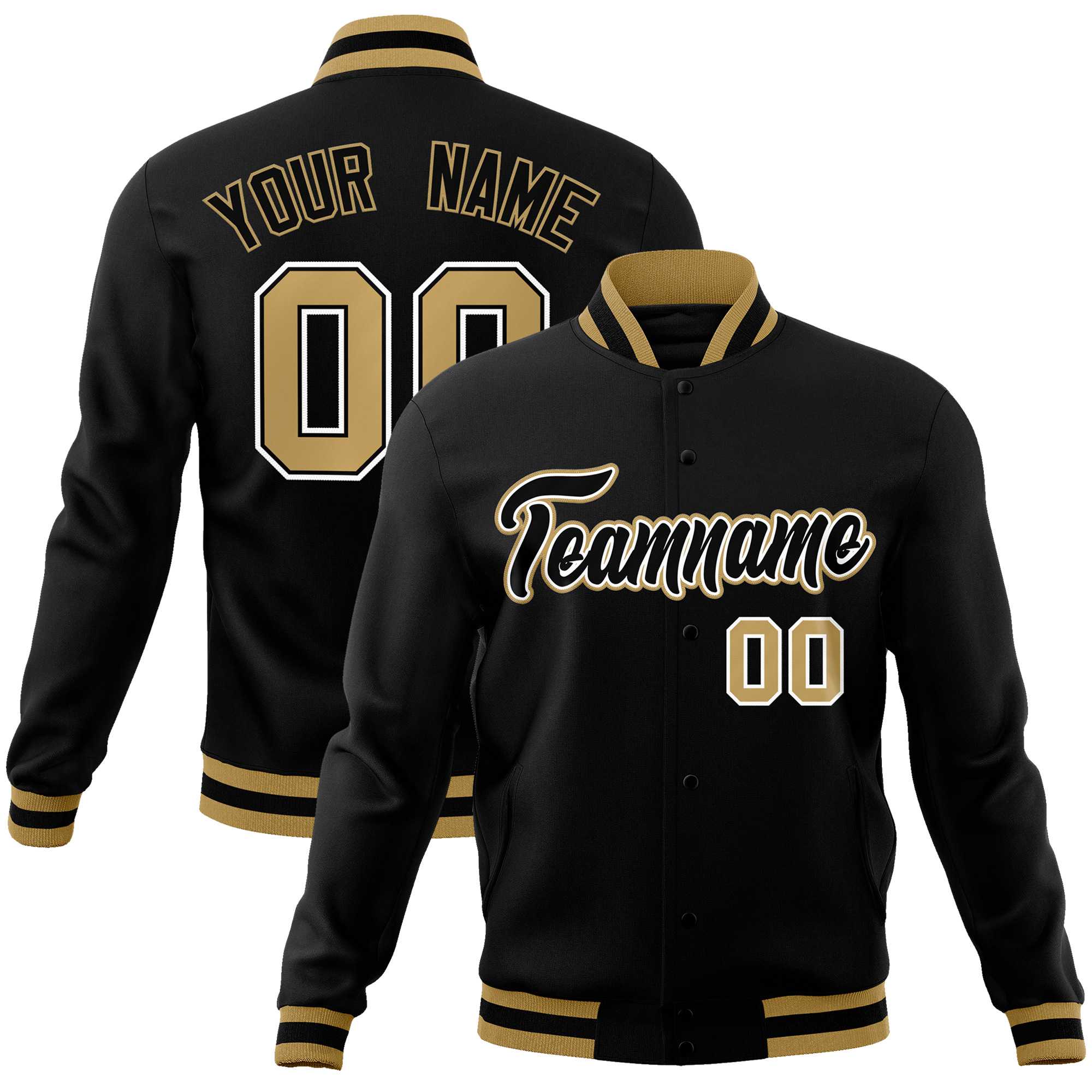 Custom Black Black-Old Gold Classic Style Varsity Full-Snap Letterman Jacket