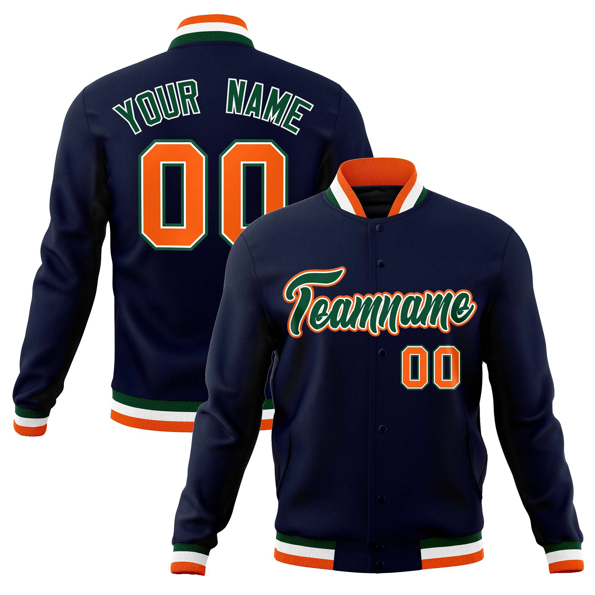 Custom Navy Green-Orange Classic Style Varsity Full-Snap Letterman Jacket