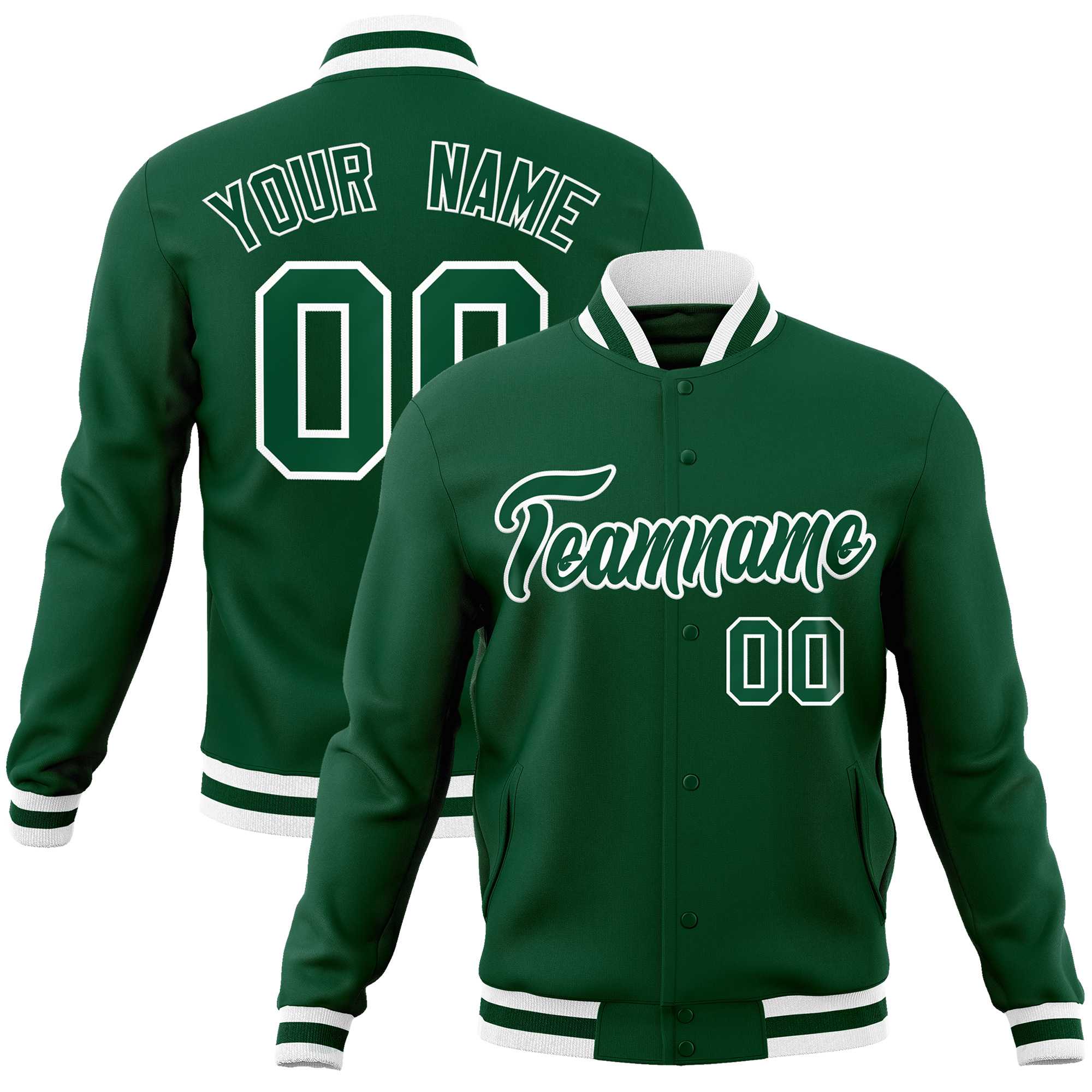 Custom Green Green-White Classic Style Varsity Full-Snap Letterman Jacket