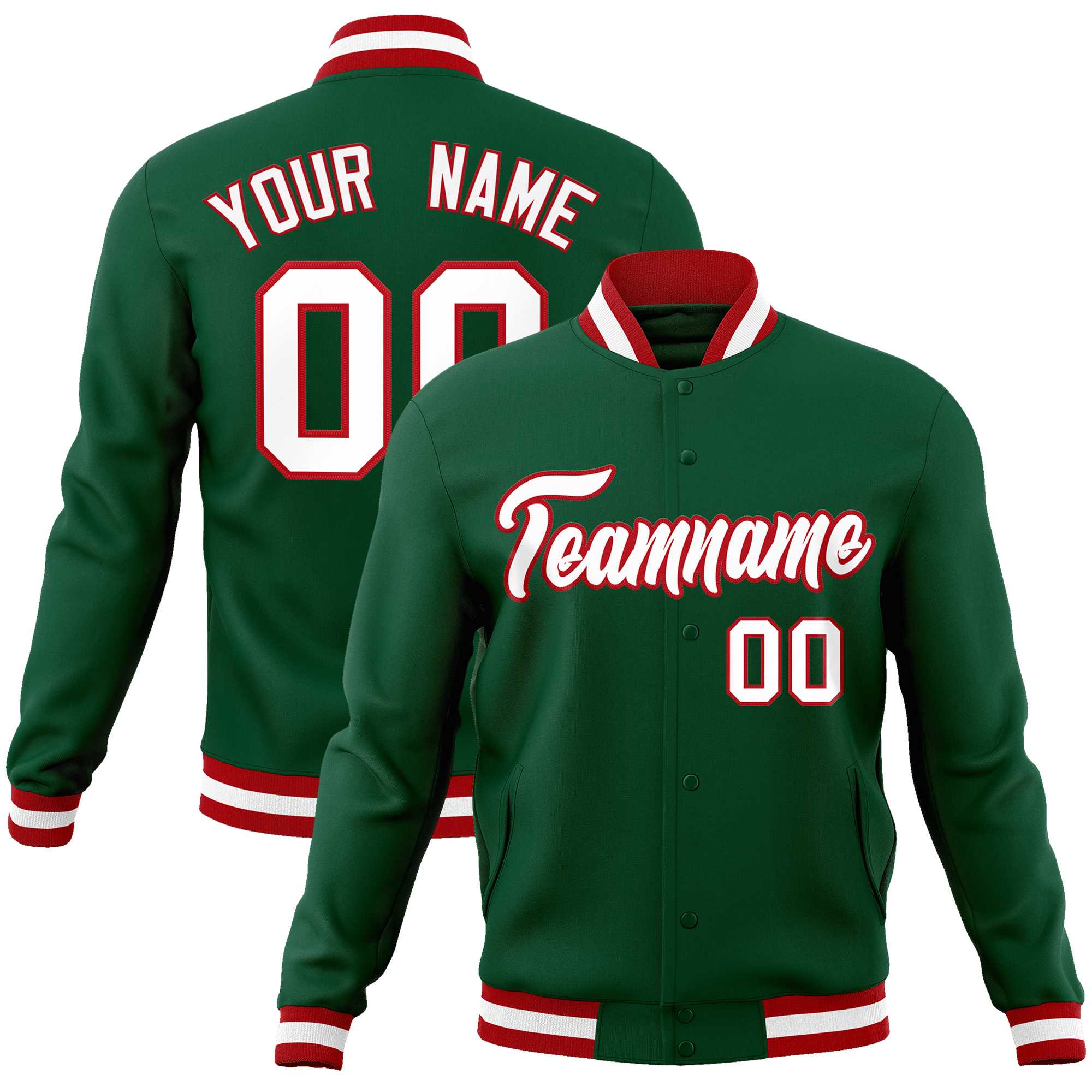 Custom Green White-Red Classic Style Varsity Full-Snap Letterman Jacket