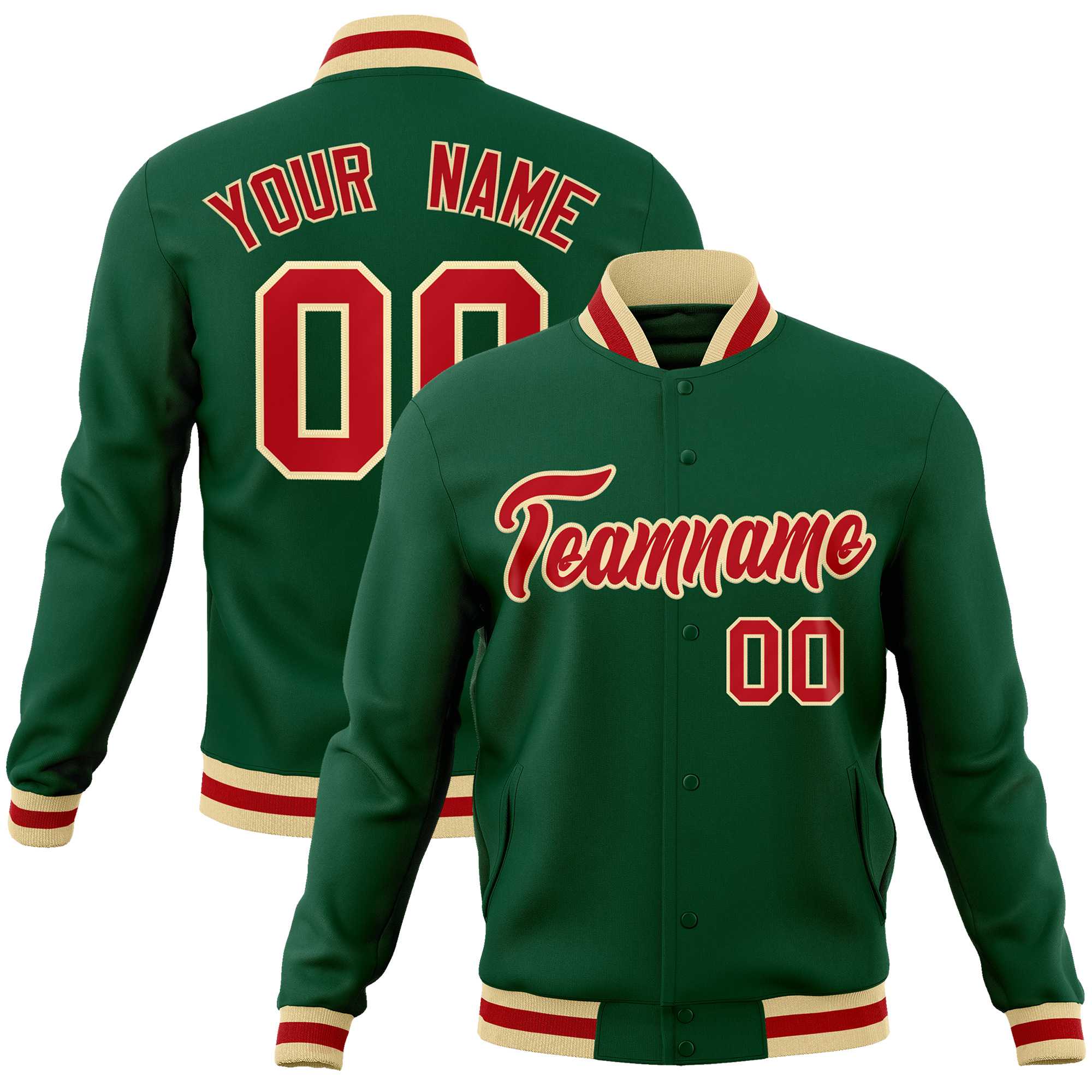 Custom Green Red-Khaki Classic Style Varsity Full-Snap Letterman Jacket