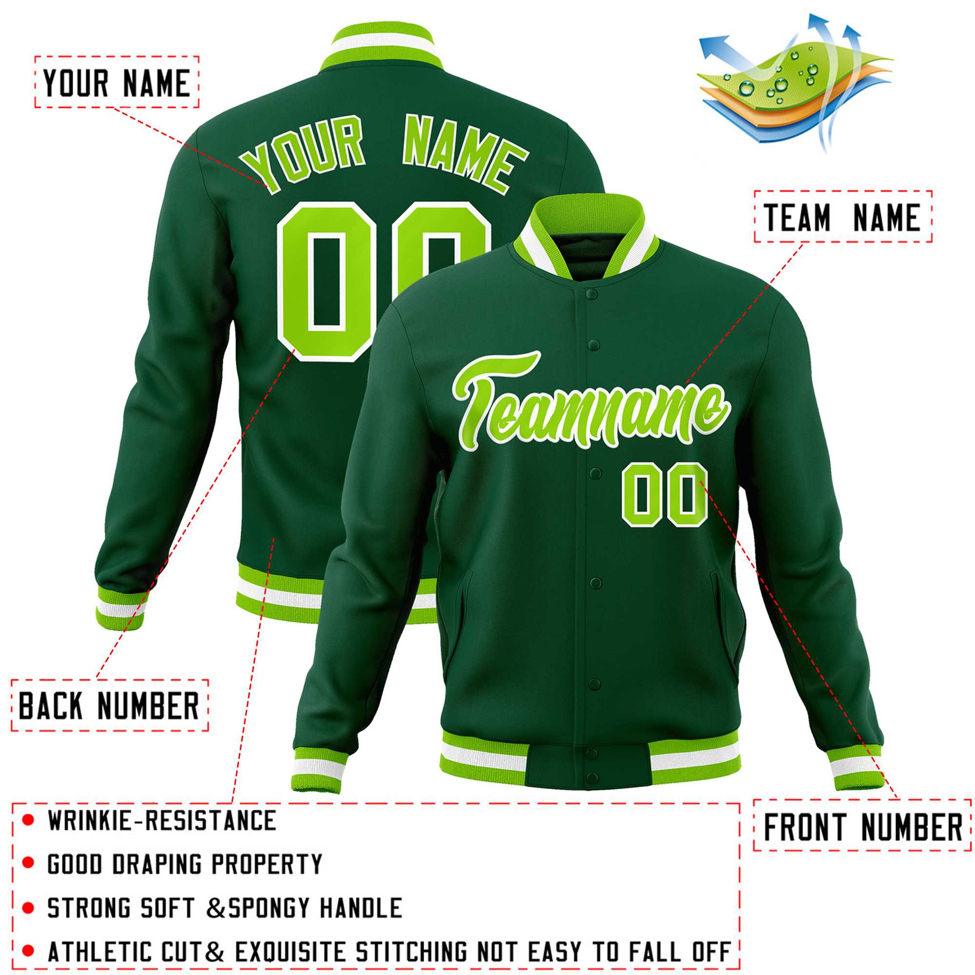 Custom Green Neon Green-White Classic Style Varsity Full-Snap Letterman Jacket