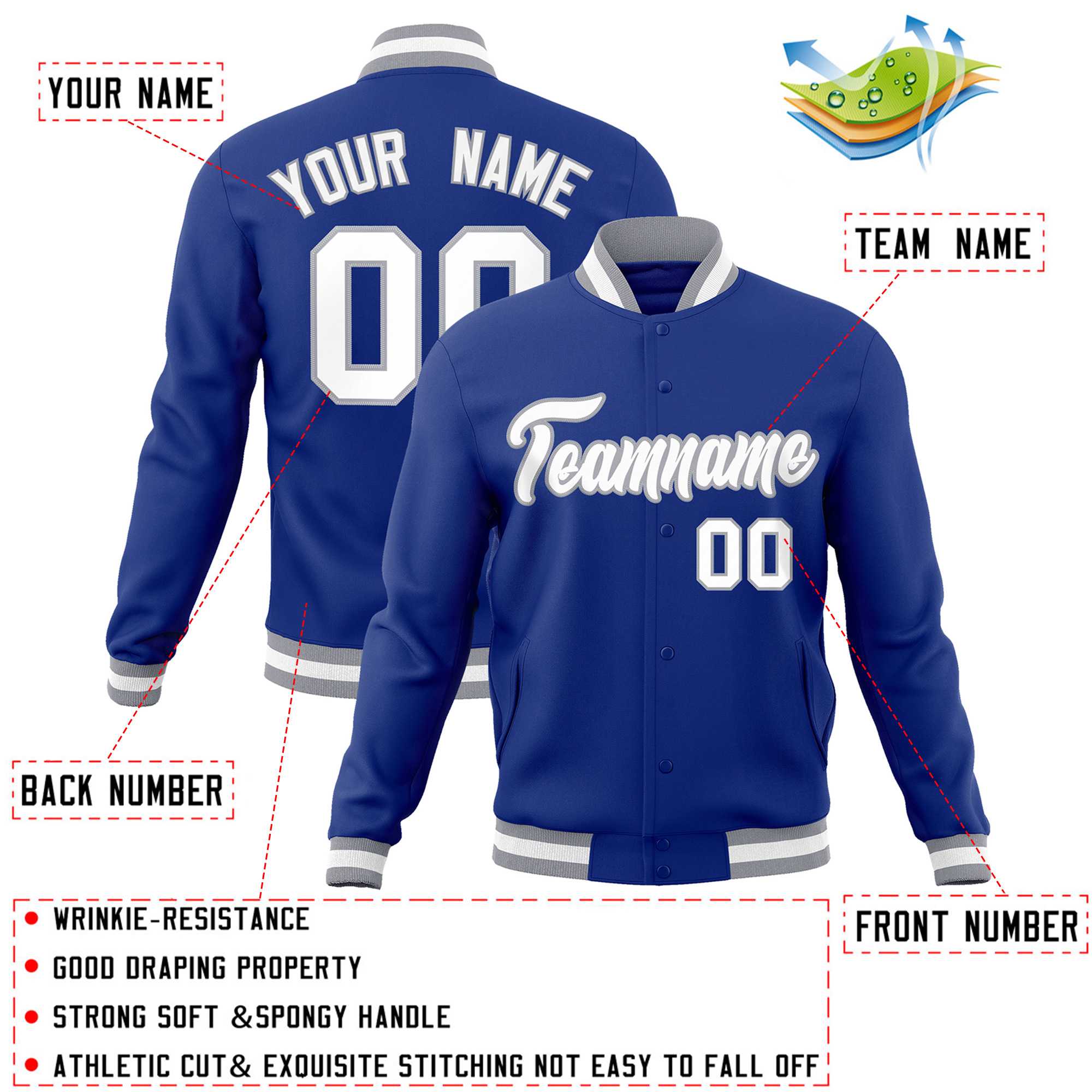 Custom Royal White-Gray Classic Style Varsity Full-Snap Letterman Jacket