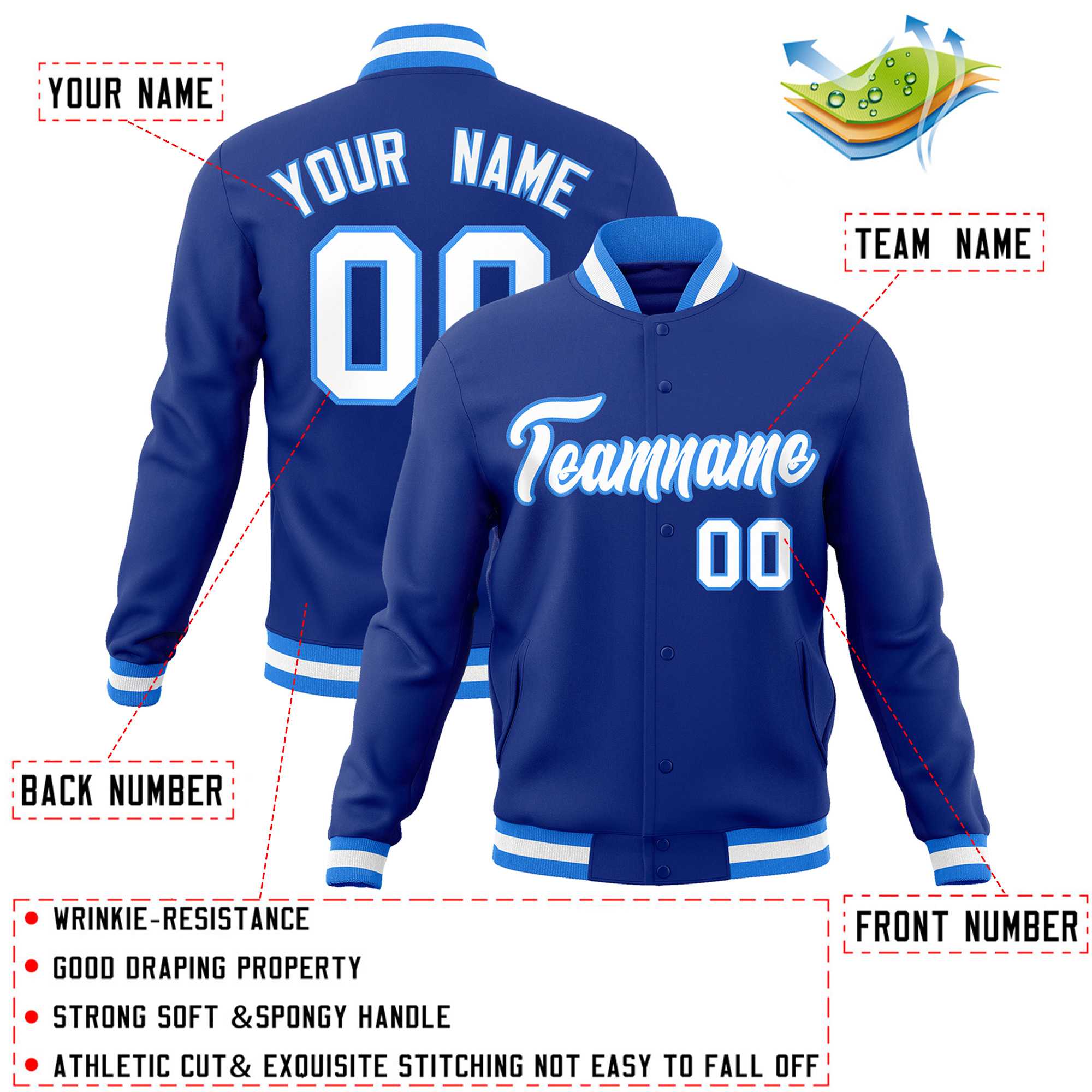 Custom Royal White-Powder Blue Classic Style Varsity Full-Snap Letterman Jacket