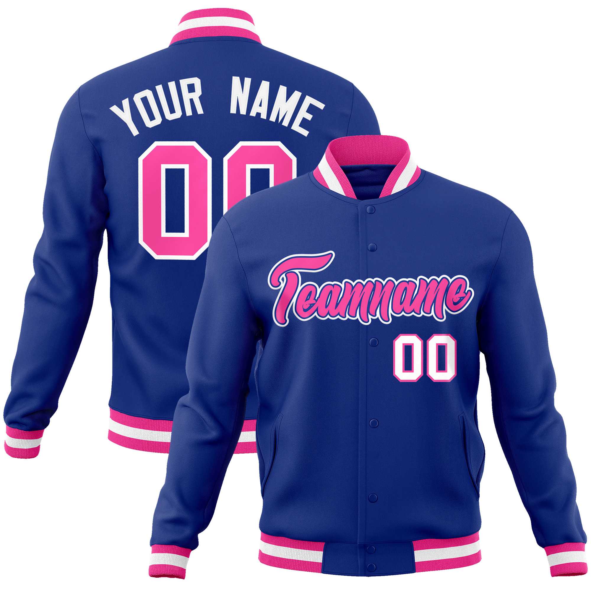 Custom Royal Pink-White Classic Style Varsity Full-Snap Letterman Jacket