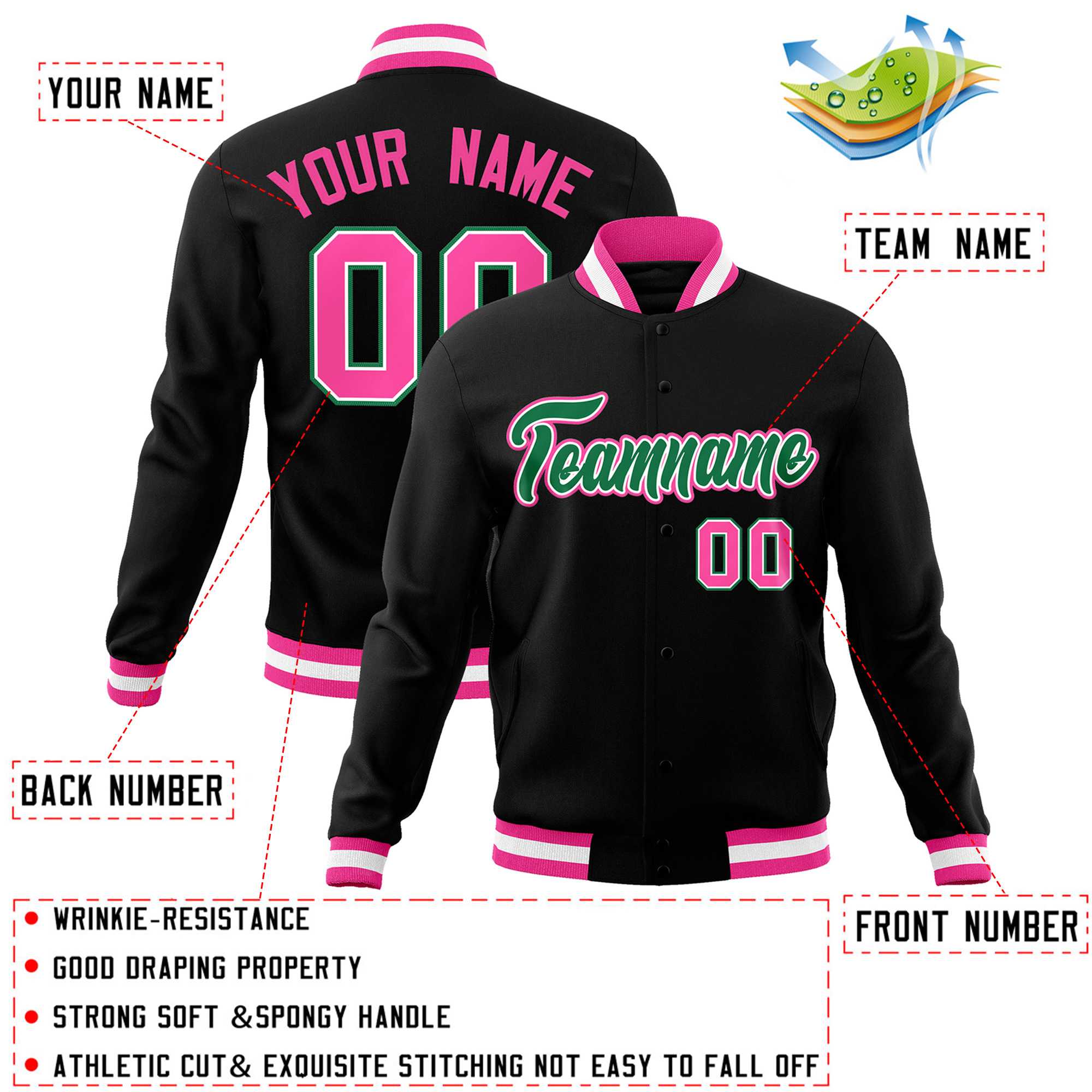 Custom Black Kelly Green-Pink Classic Style Varsity Full-Snap Letterman Jacket