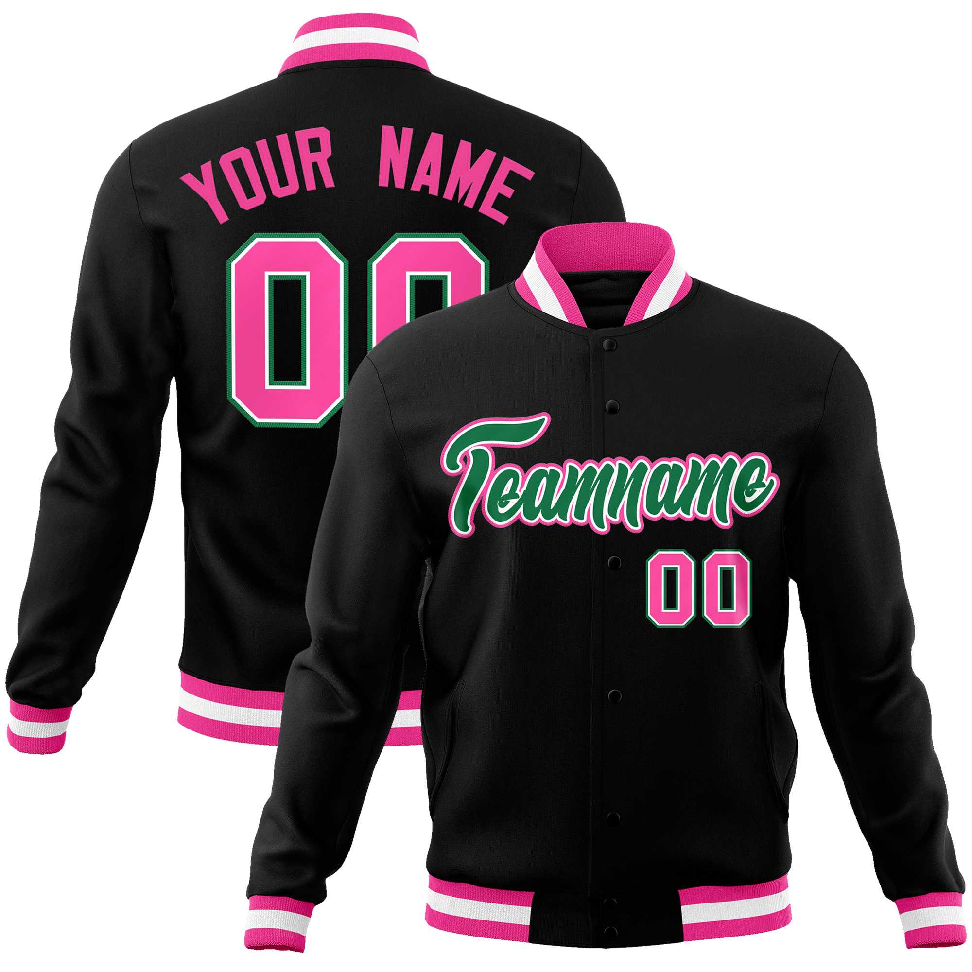 Custom Black Kelly Green-Pink Classic Style Varsity Full-Snap Letterman Jacket