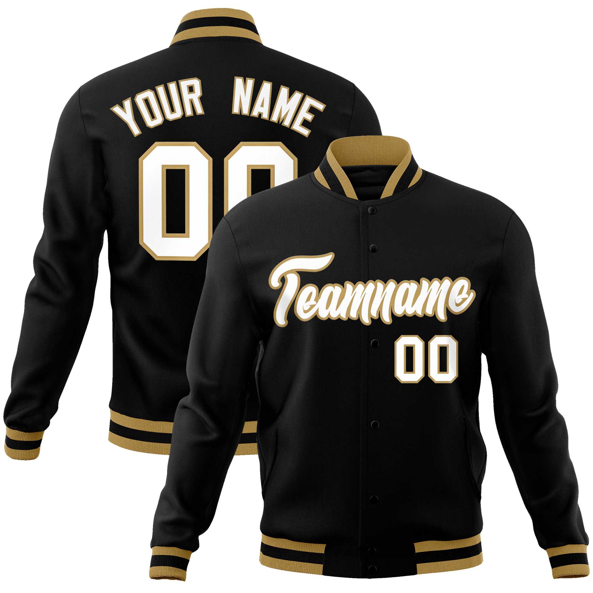 Custom Black White-Old Gold Classic Style Varsity Full-Snap Letterman Jacket