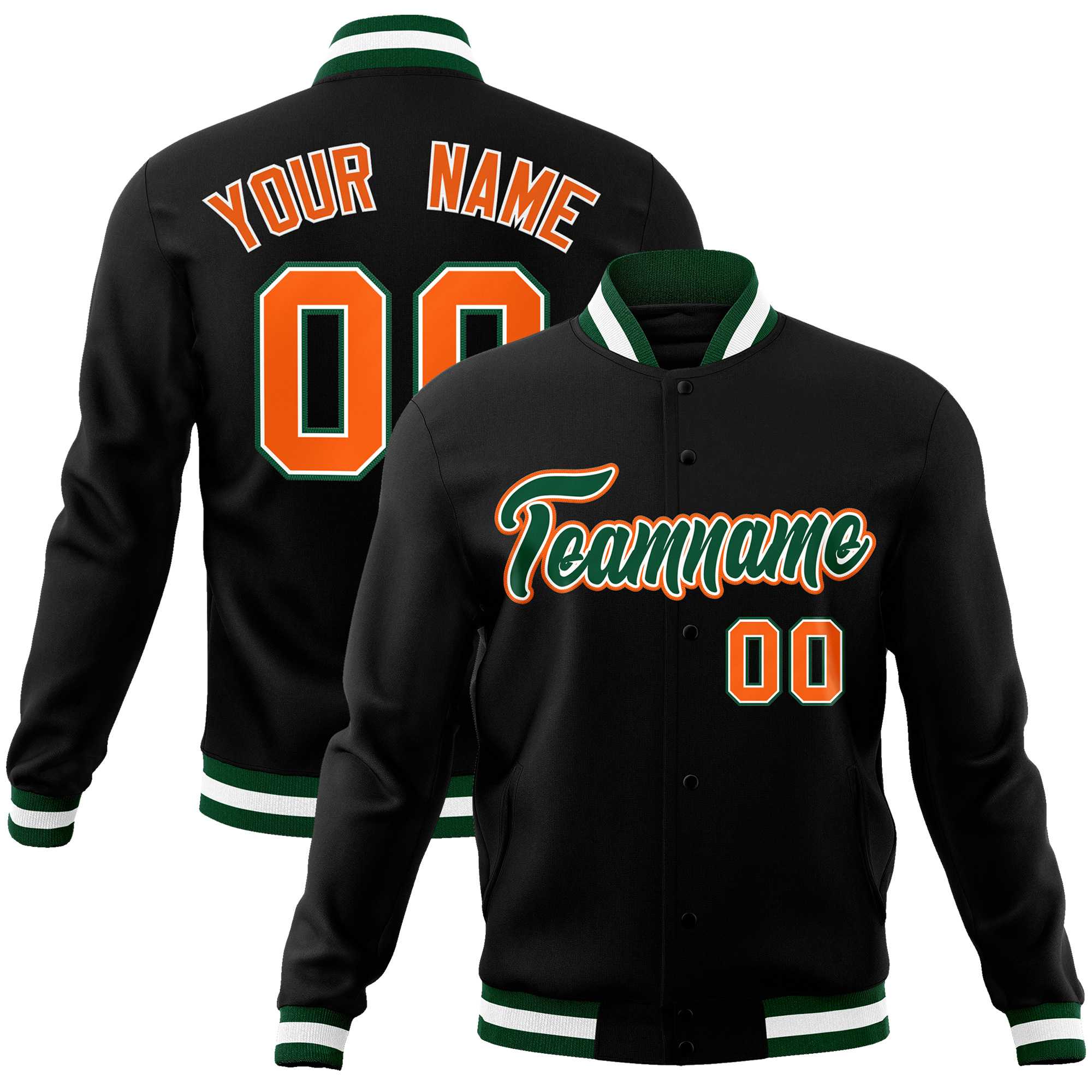 Custom Black Green-Orange Classic Style Varsity Full-Snap Letterman Jacket