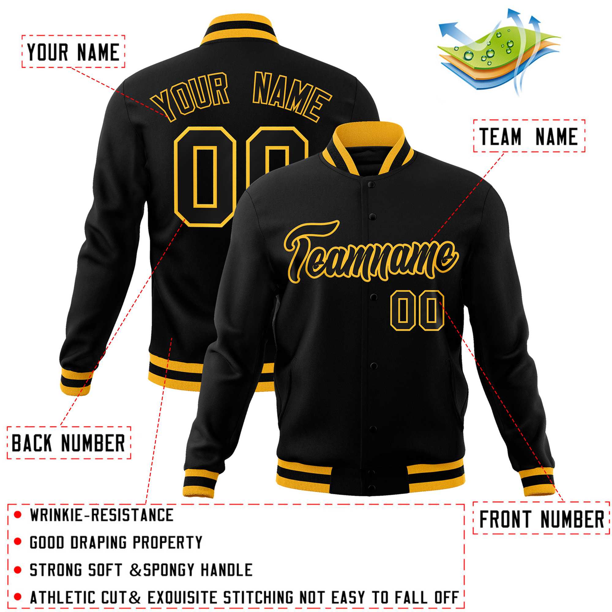 Custom Black Gold Classic Style Varsity Full-Snap Letterman Baseball Jacket