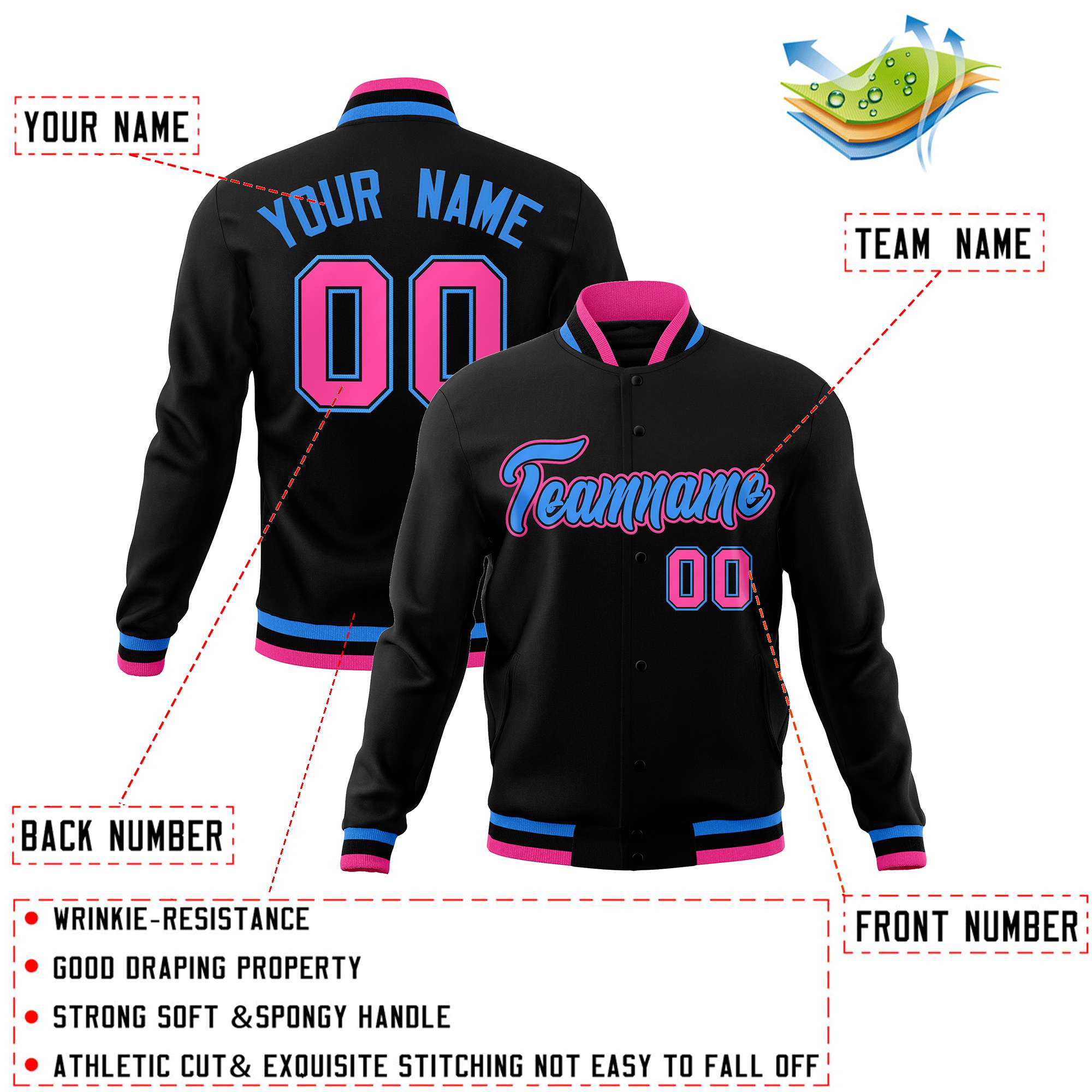 Custom Black Powder Blue-Pink Classic Style Varsity Full-Snap Letterman Jacket