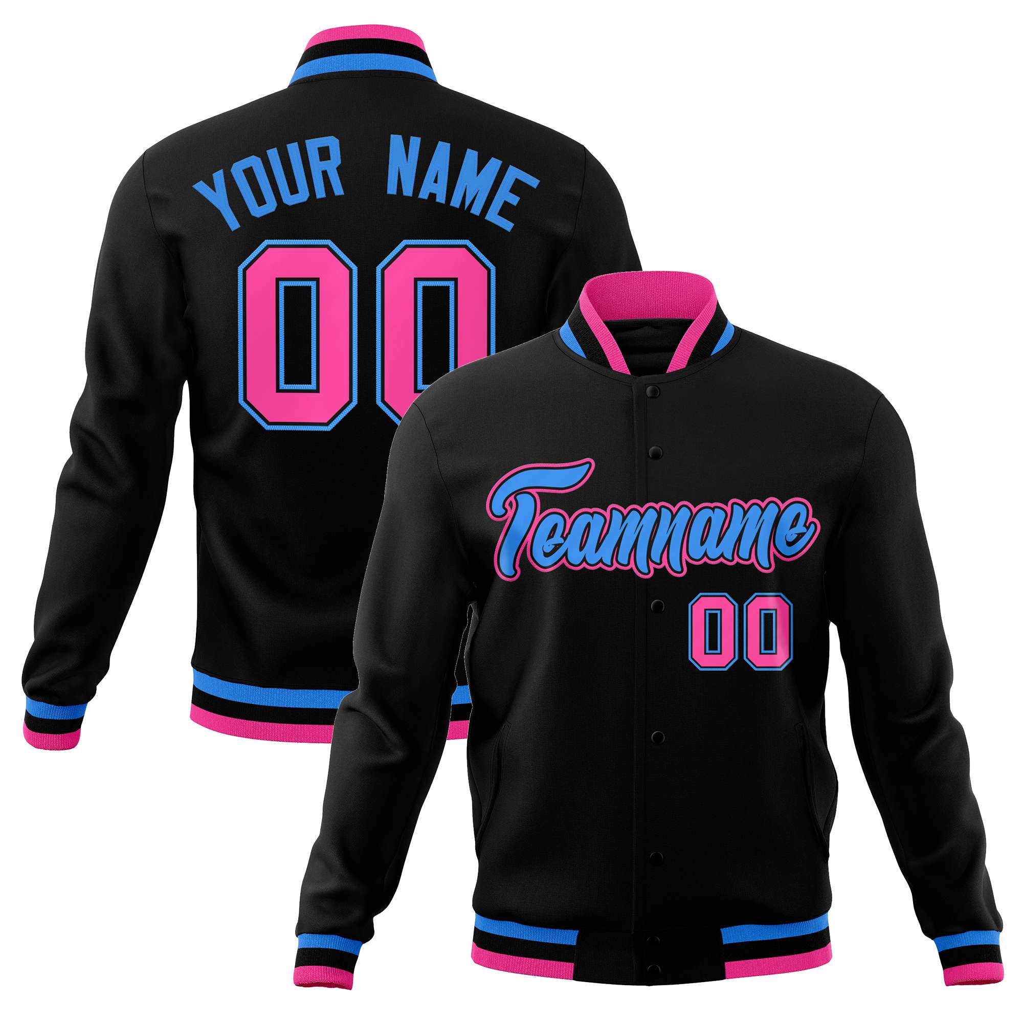 Custom Black Powder Blue-Pink Classic Style Varsity Full-Snap Letterman Jacket