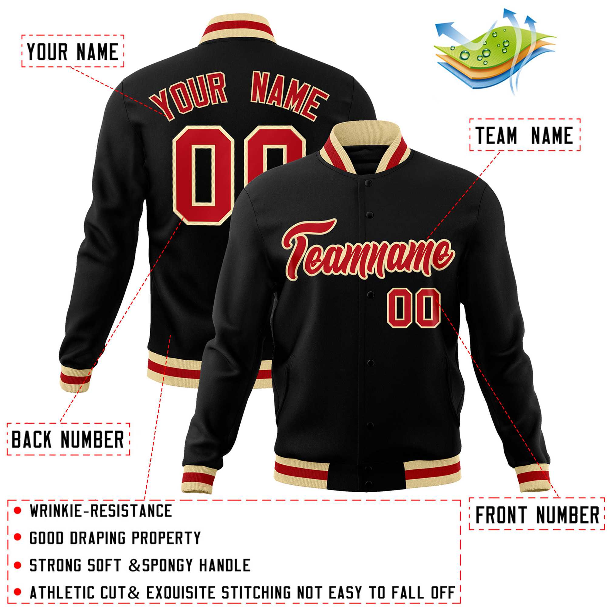 Custom Black Red-Khaki Classic Style Varsity Full-Snap Letterman Jacket