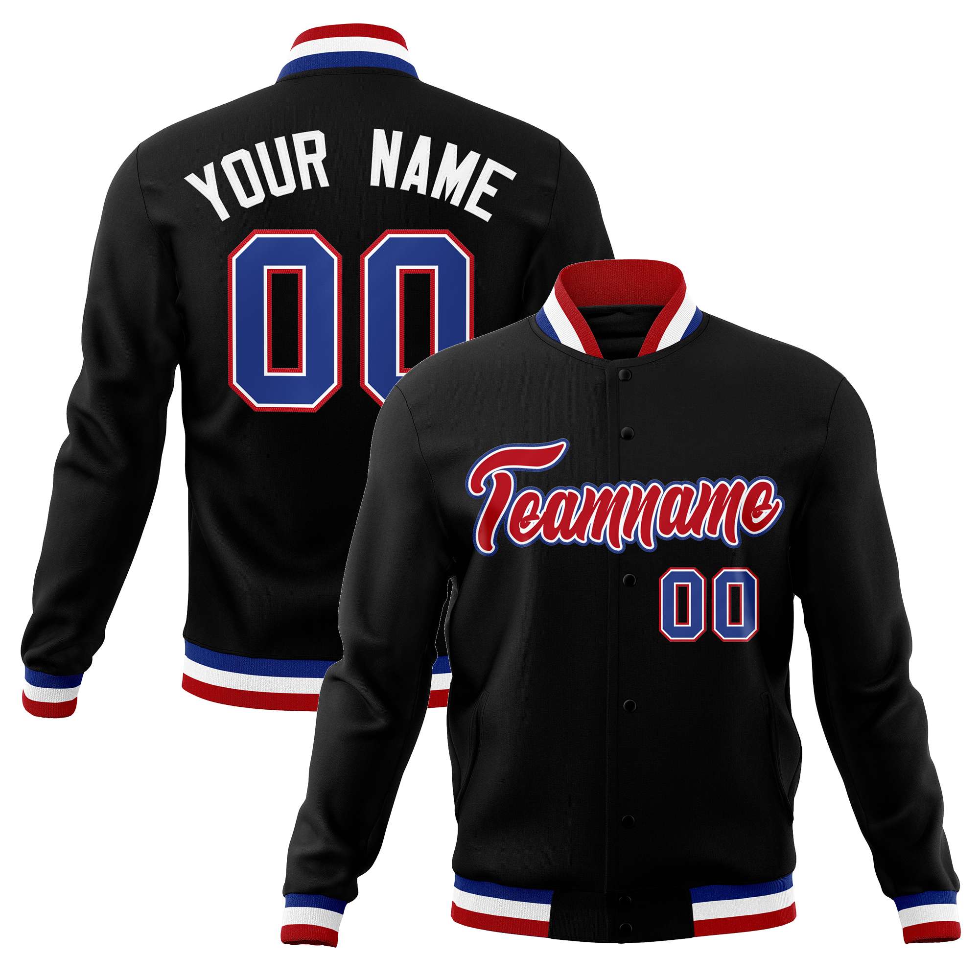 Custom Black Red-Royal Classic Style Varsity Full-Snap Letterman Jacket