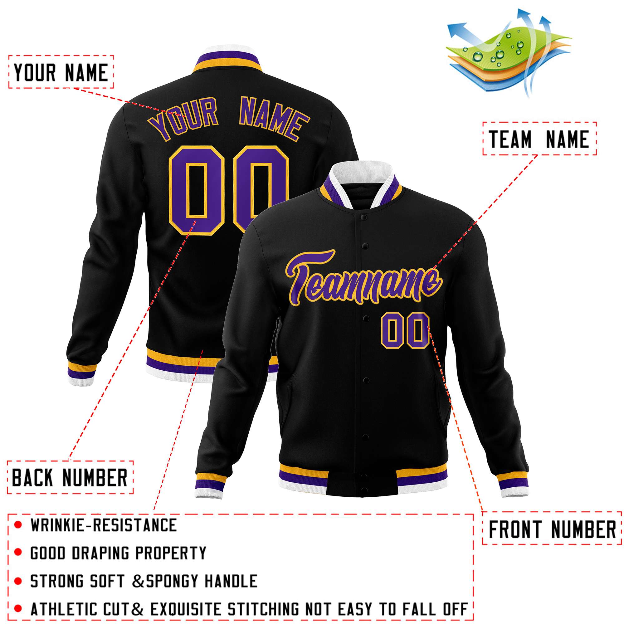 Custom Black Purple-Gold Classic Style Varsity Full-Snap Letterman Jacket