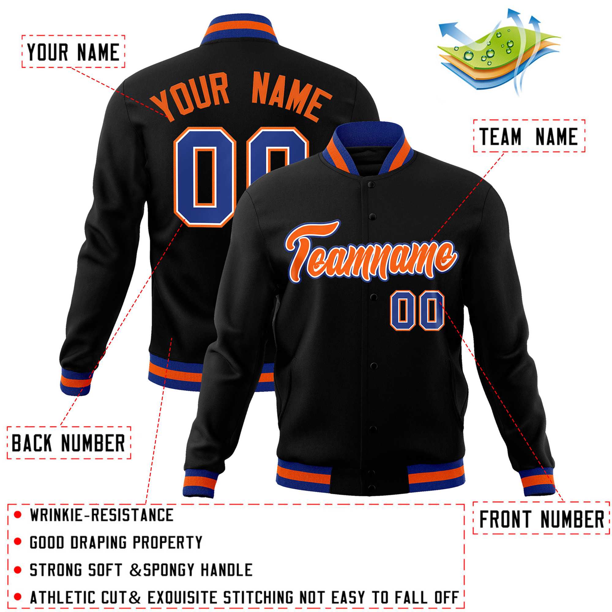 Custom Black Orange-Royal Classic Style Varsity Full-Snap Letterman Jacket