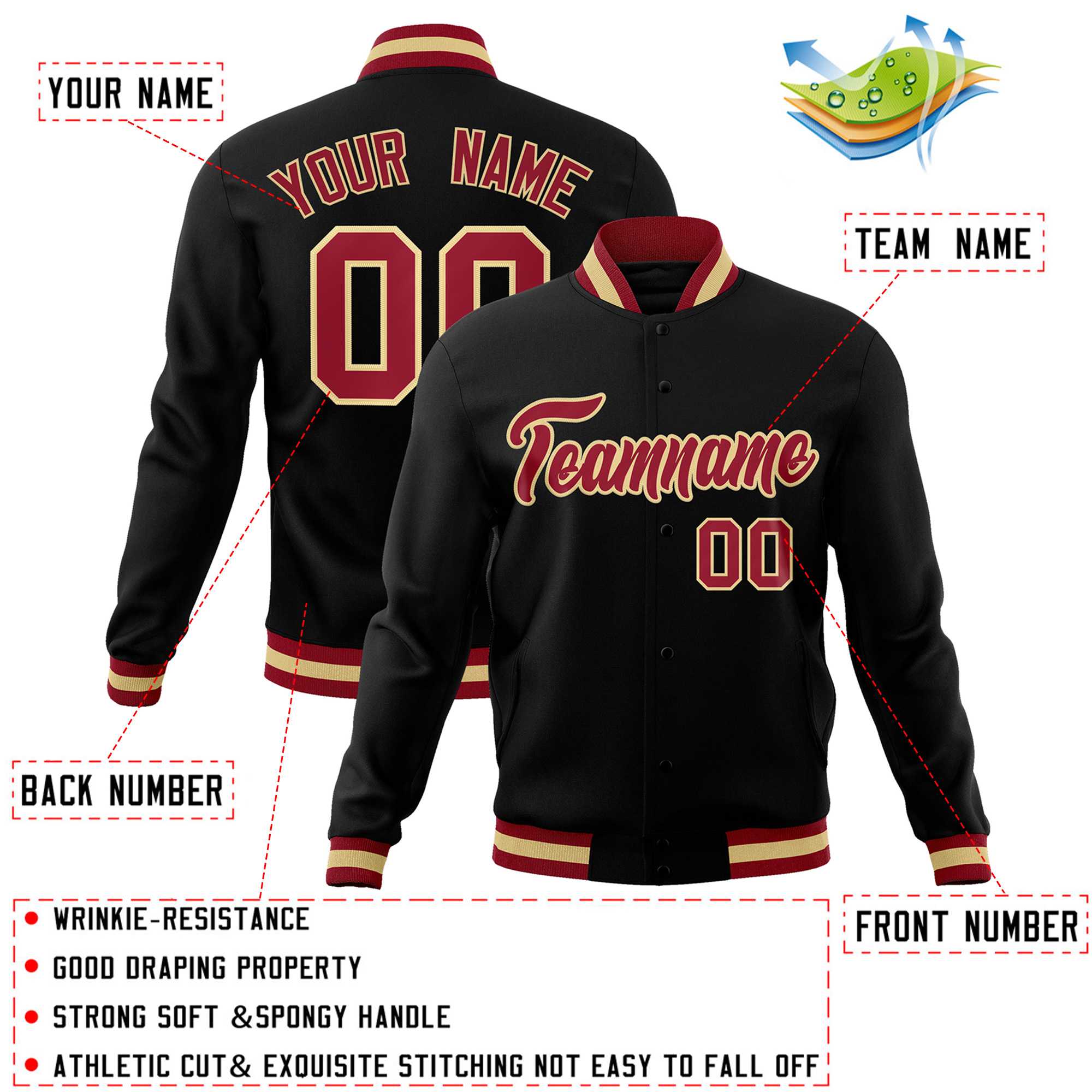 Custom Black Crimson-Khaki Classic Style Varsity Full-Snap Letterman Jacket