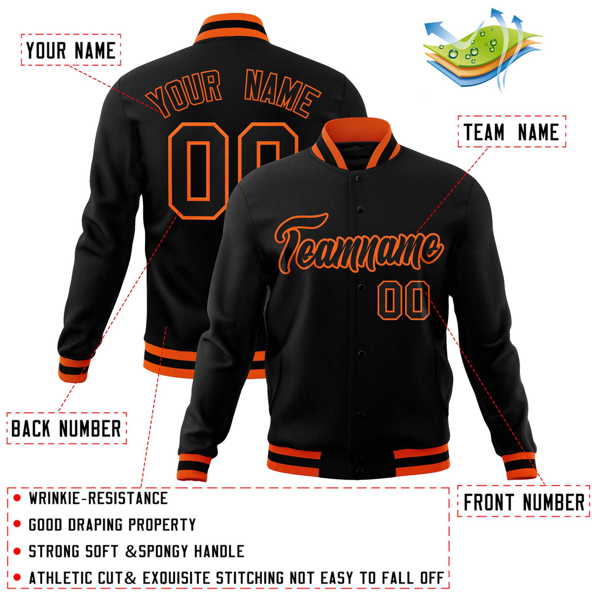 Veste Letterman Varsity Full-Snap personnalisée noir-orange de style classique