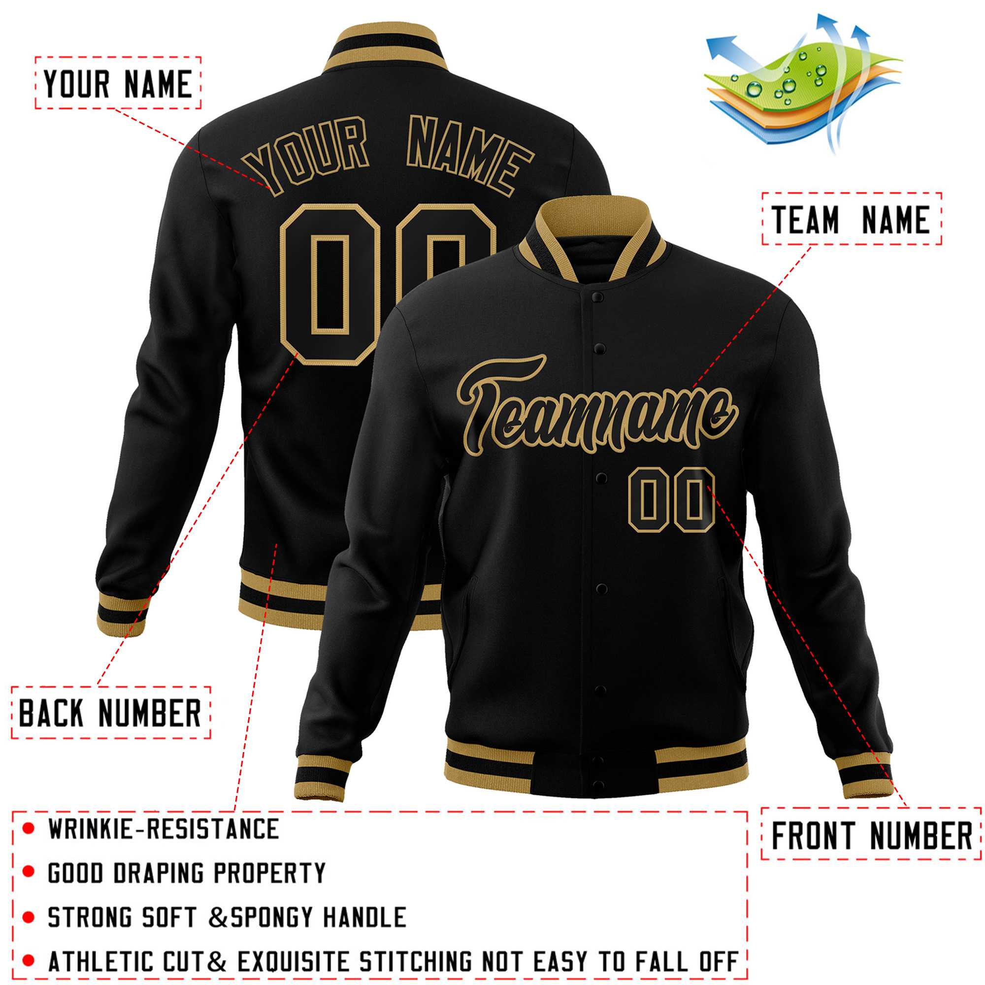 Custom Black Black-Old Gold Classic Style Varsity Full-Snap Letterman Jacket