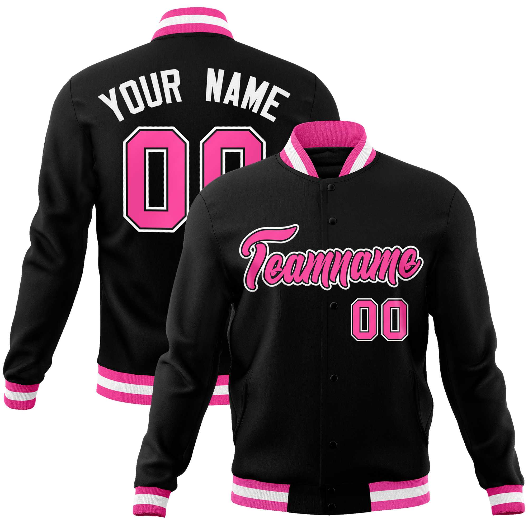 Custom Black Pink-White Classic Style Varsity Full-Snap Letterman Jacket