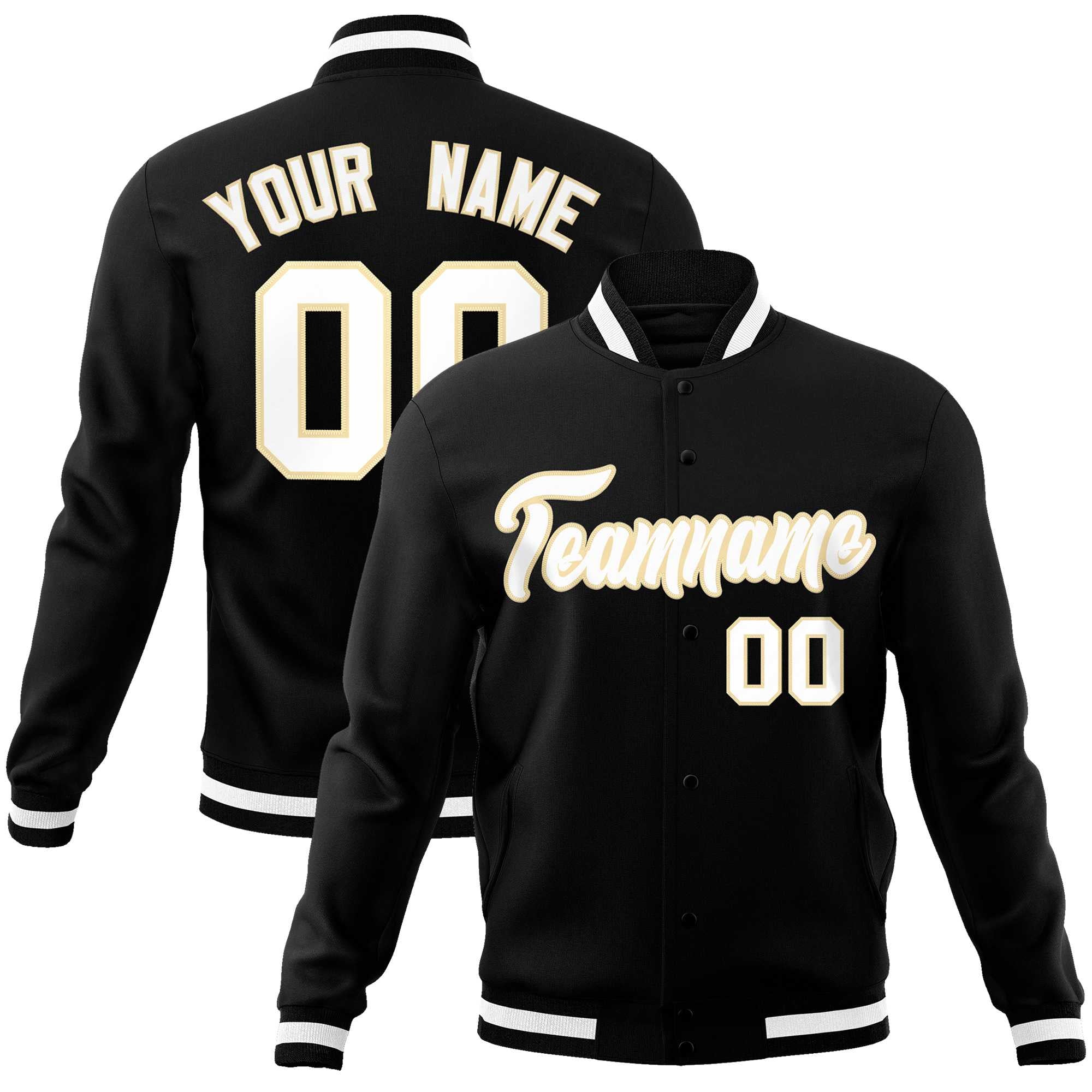 Custom Black White-Khaki Classic Style Varsity Full-Snap Letterman Jacket