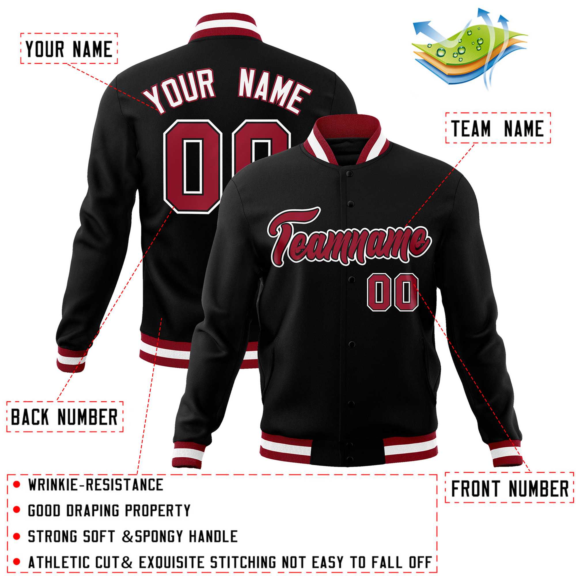 Custom Black Crimson-White Classic Style Varsity Full-Snap Letterman Jacket