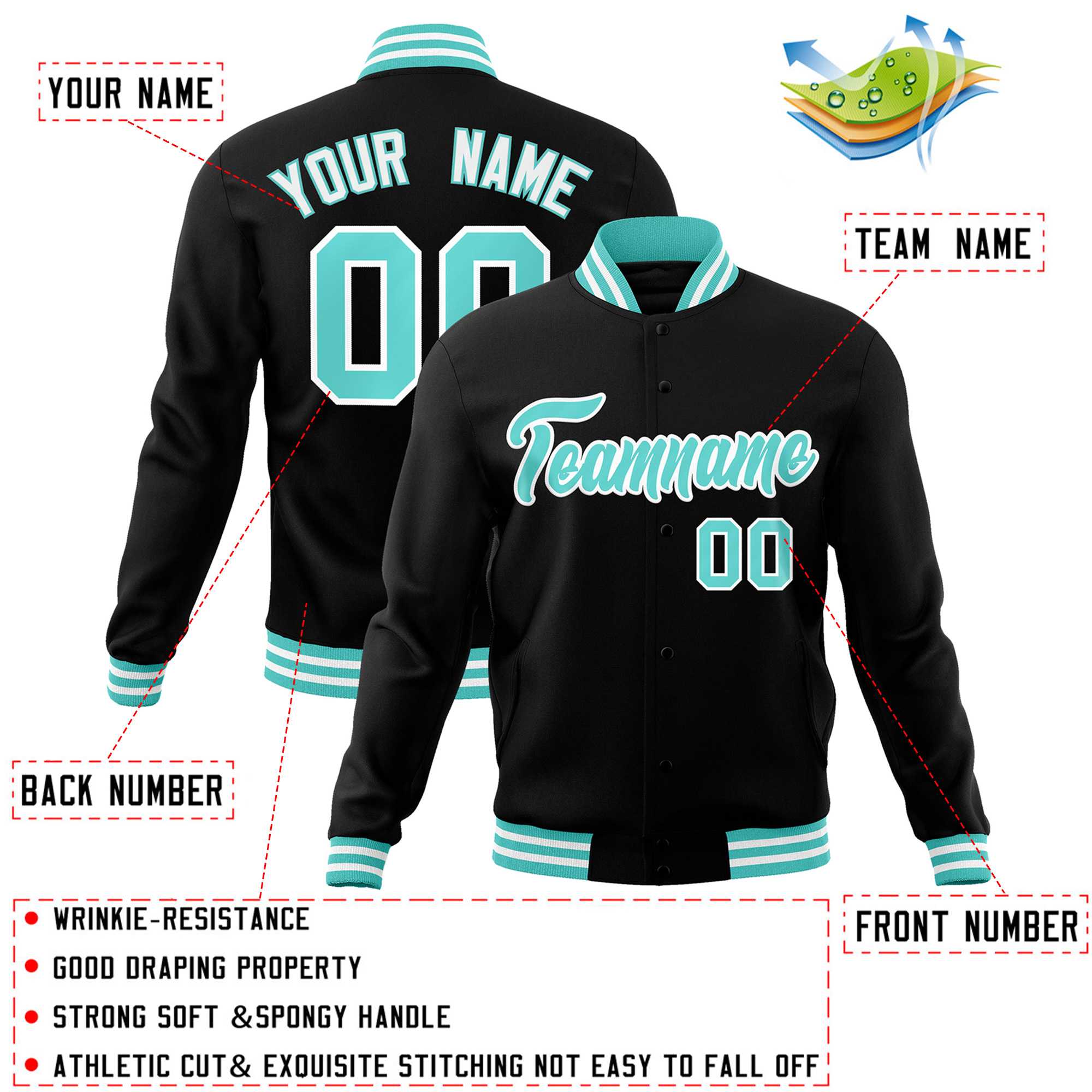 Custom Black Aqua-White Classic Style Varsity Full-Snap Letterman Jacket