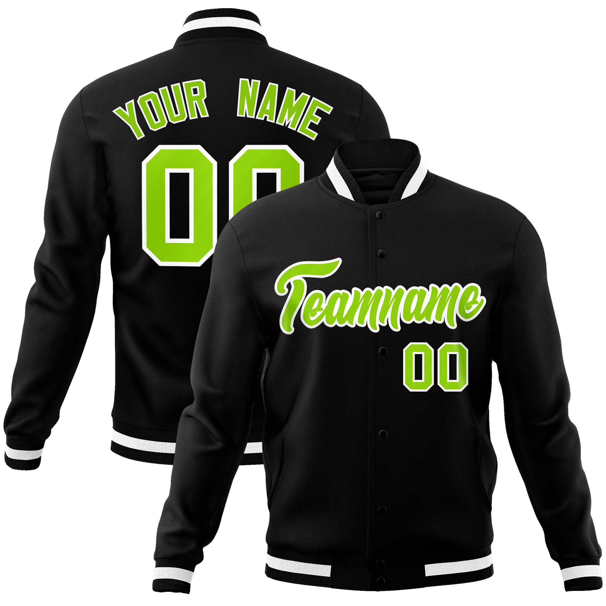 Custom Black Neon Green-White Classic Style Varsity Full-Snap Letterman Jacket