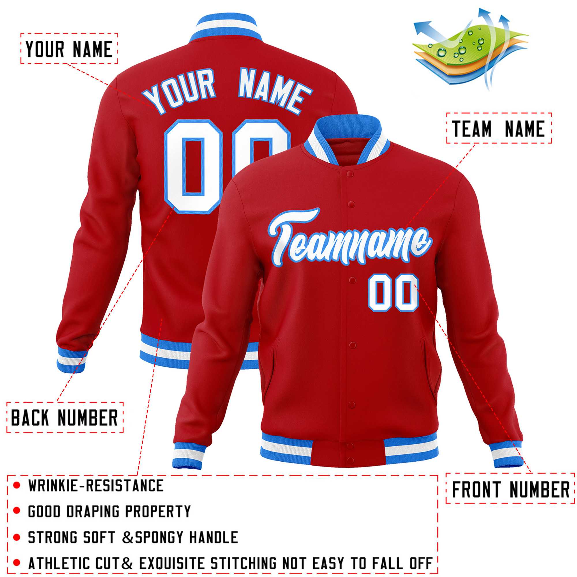 Custom Red White-Powder Blue Classic Style Varsity Full-Snap Letterman Jacket