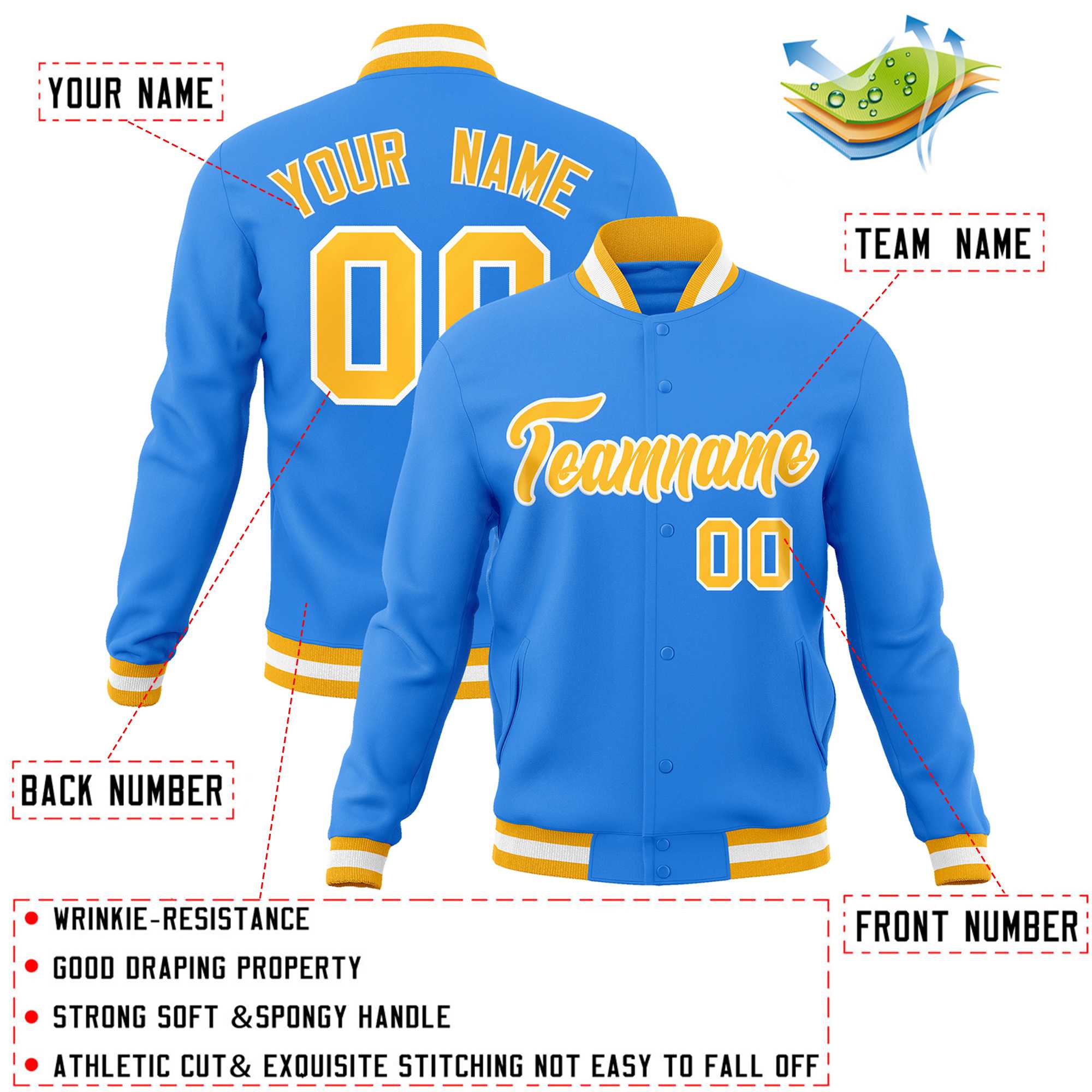 Custom Powder Blue Gold-White Classic Style Varsity Full-Snap Letterman Jacket