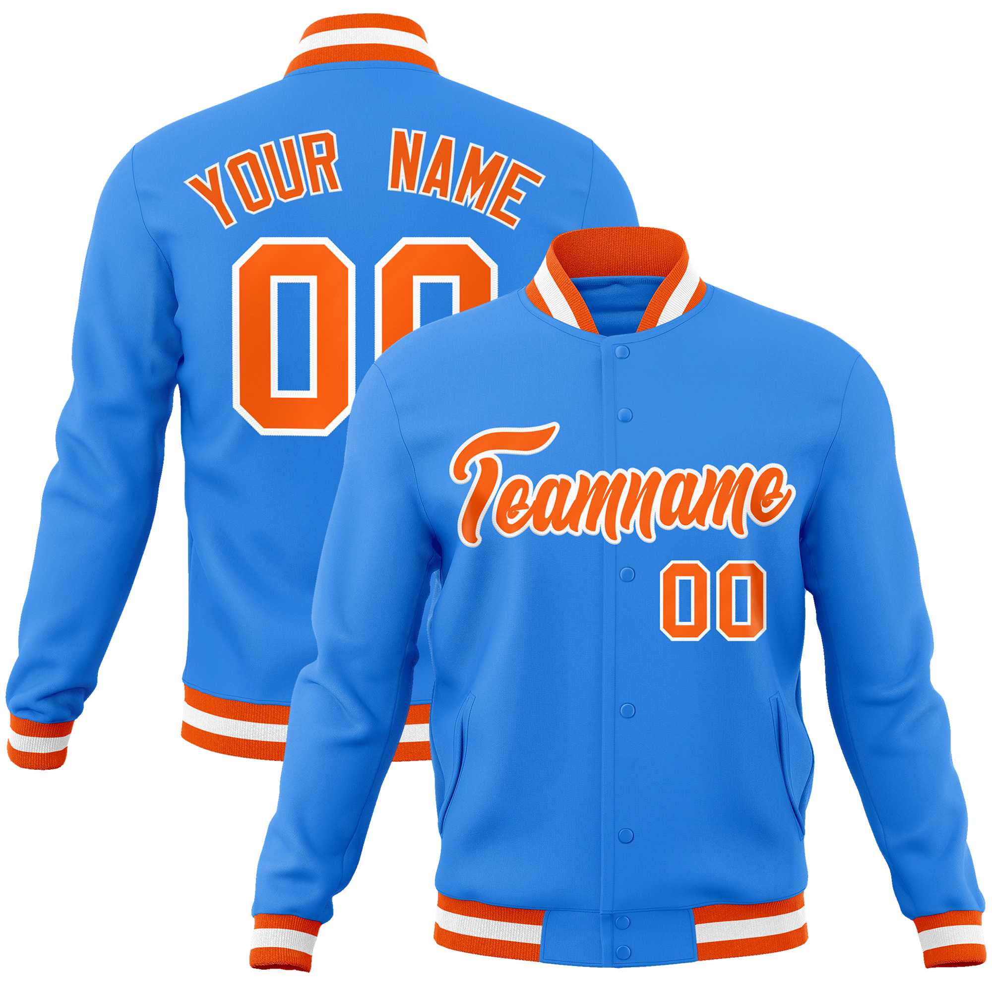 Custom Powder Blue Orange-White Classic Style Varsity Full-Snap Letterman Jacket