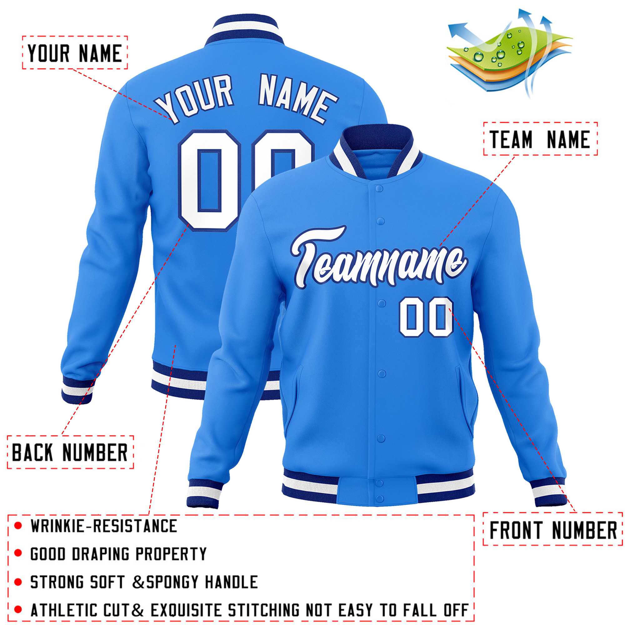 Custom Powder Blue White-Royal Classic Style Varsity Full-Snap Letterman Jacket