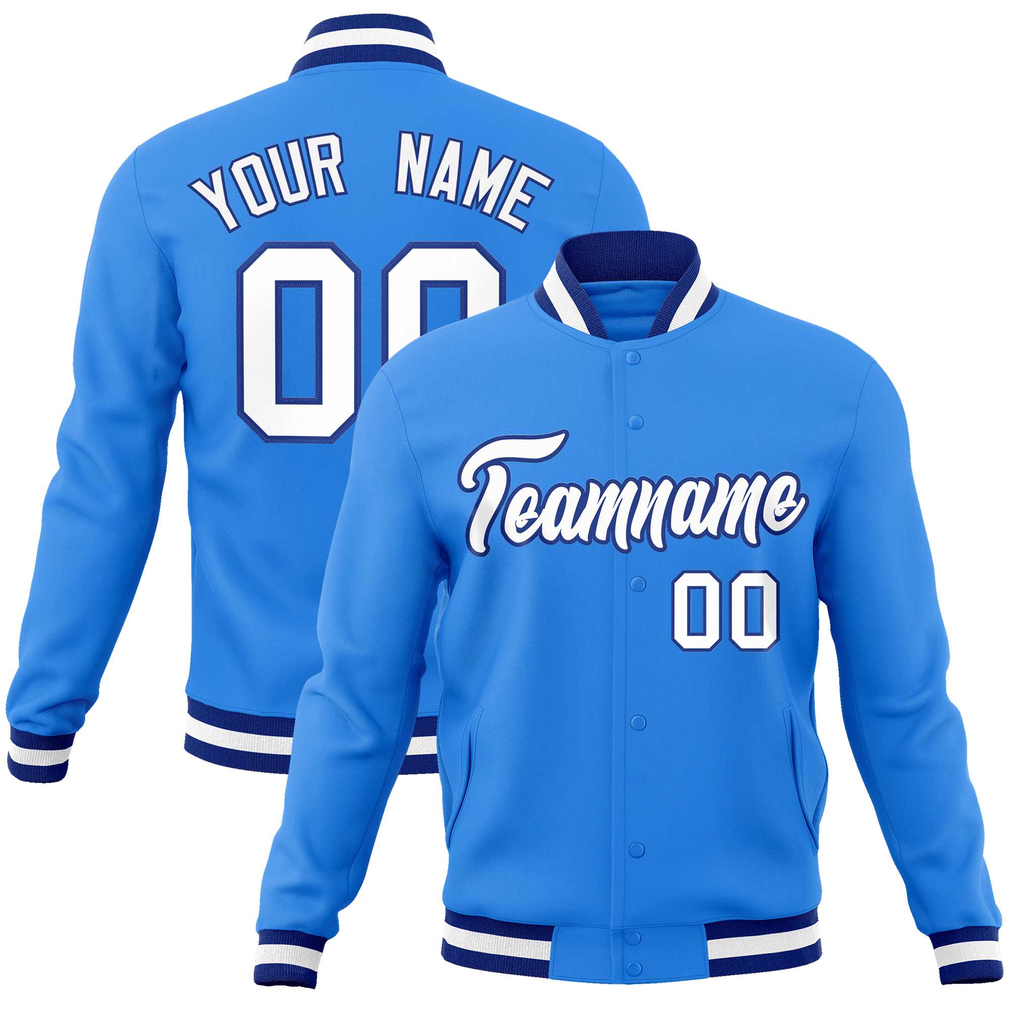 Custom Powder Blue White-Royal Classic Style Varsity Full-Snap Letterman Jacket