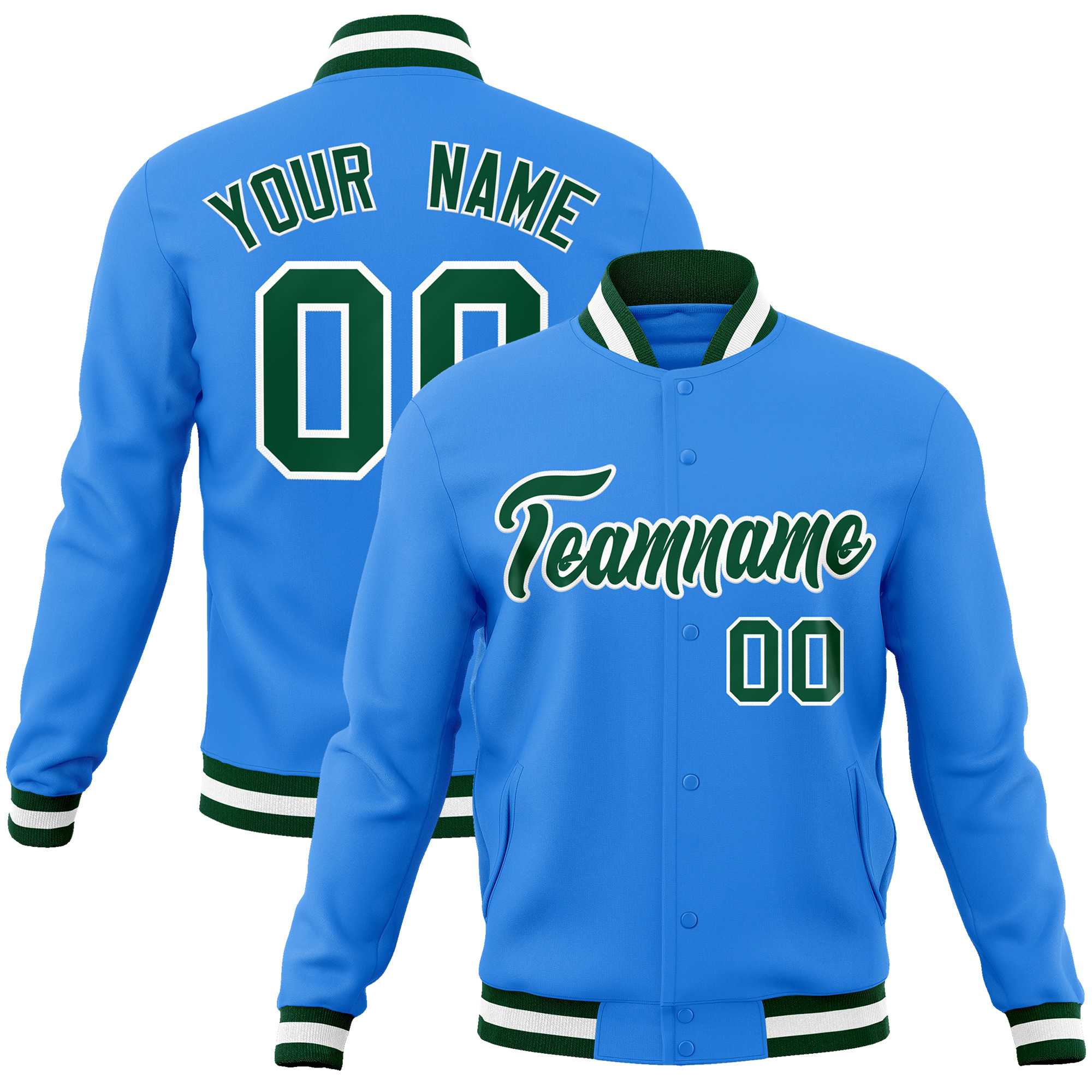 Custom Powder Blue Green-White Classic Style Varsity Full-Snap Letterman Jacket