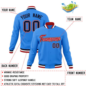 Custom Powder Blue Red-Navy Classic Style Varsity Full-Snap Letterman Jacket