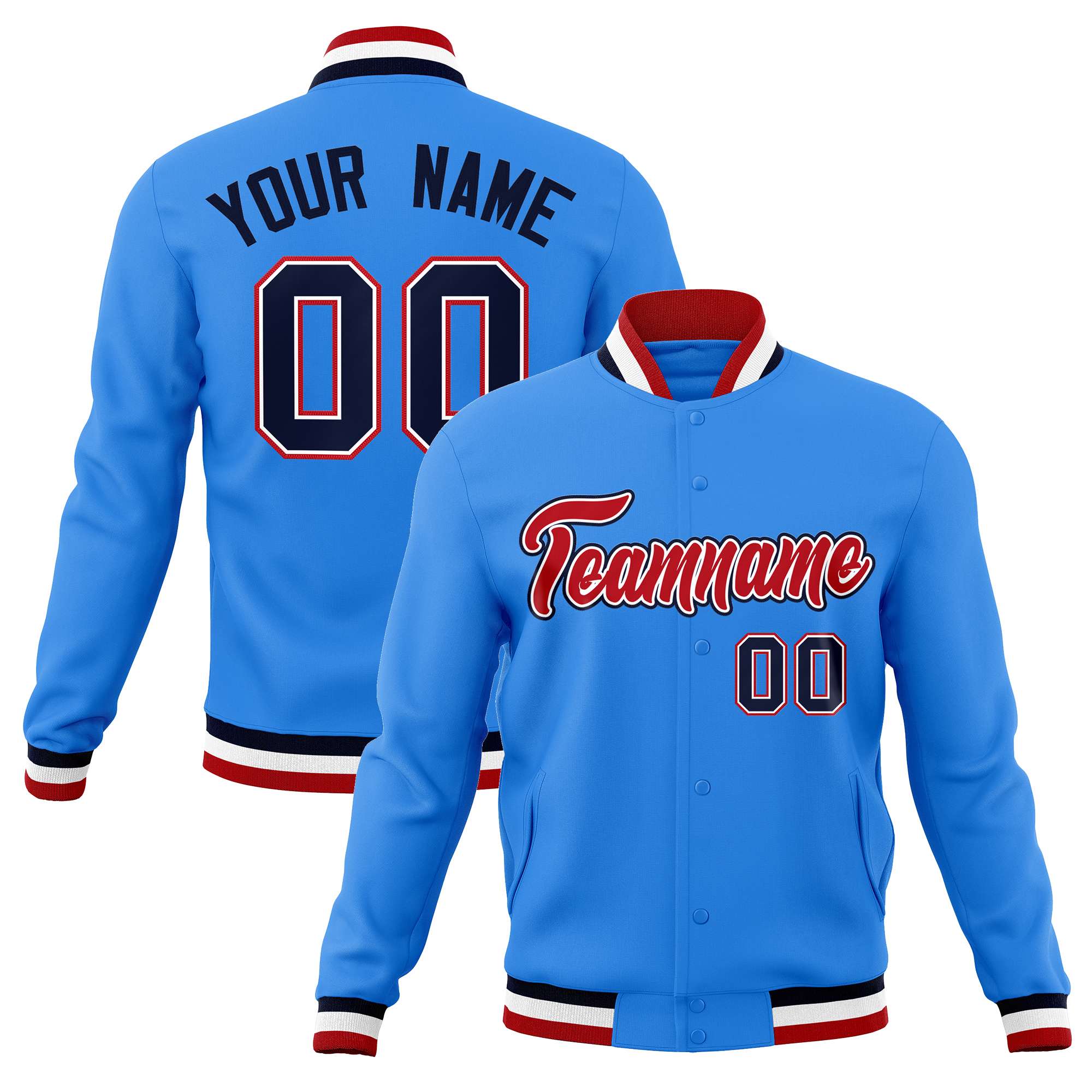 Custom Powder Blue Red-Navy Classic Style Varsity Full-Snap Letterman Jacket