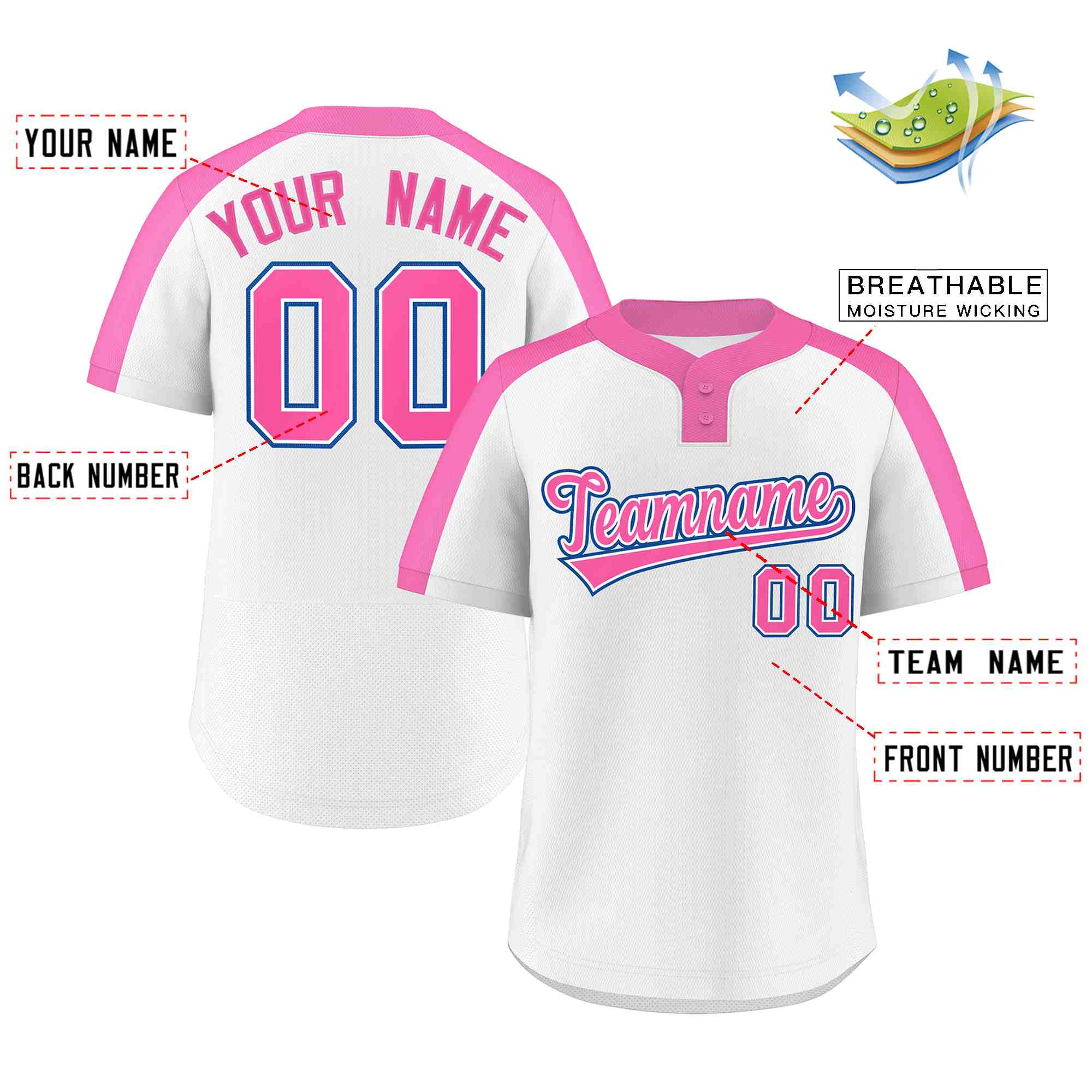 Custom White Pink-White Classic Style Authentic Two-Button Baseball Jersey