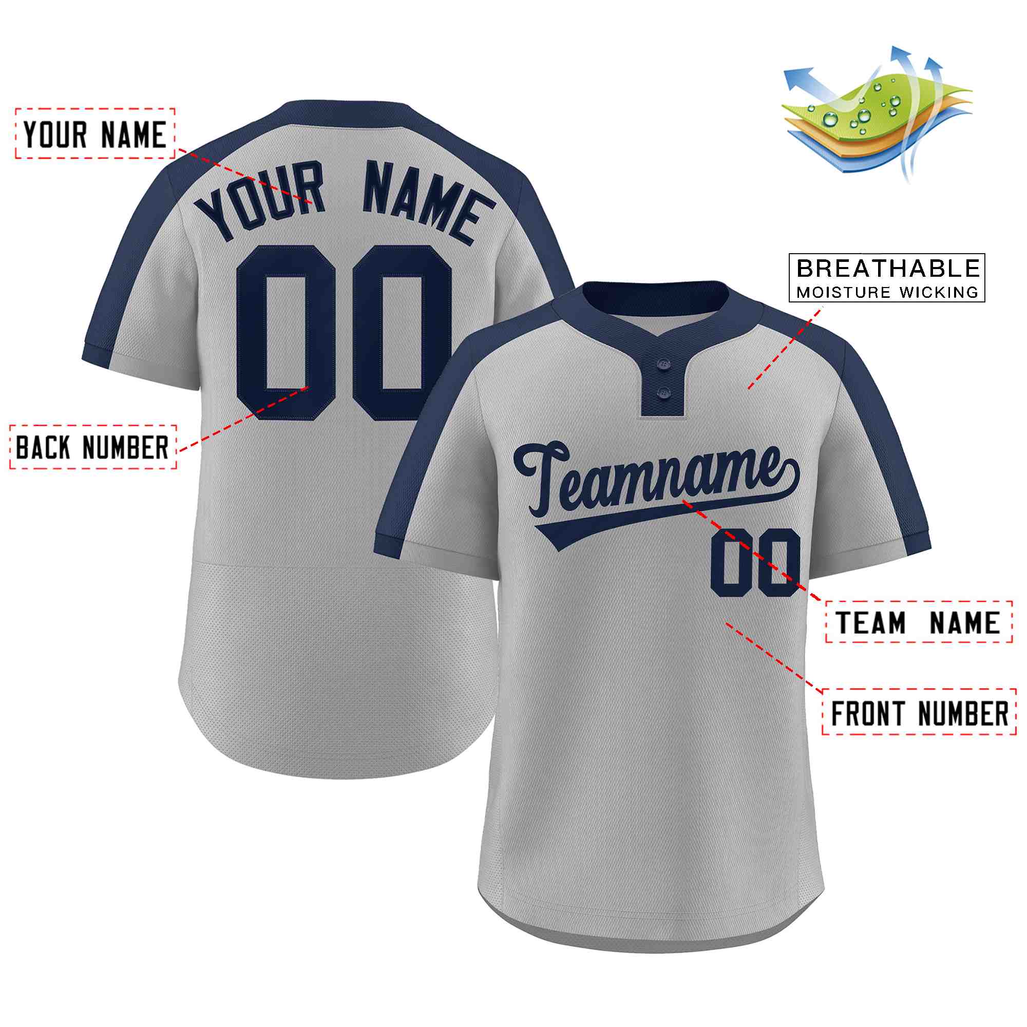 Maillot de baseball authentique à deux boutons de style classique gris marine personnalisé