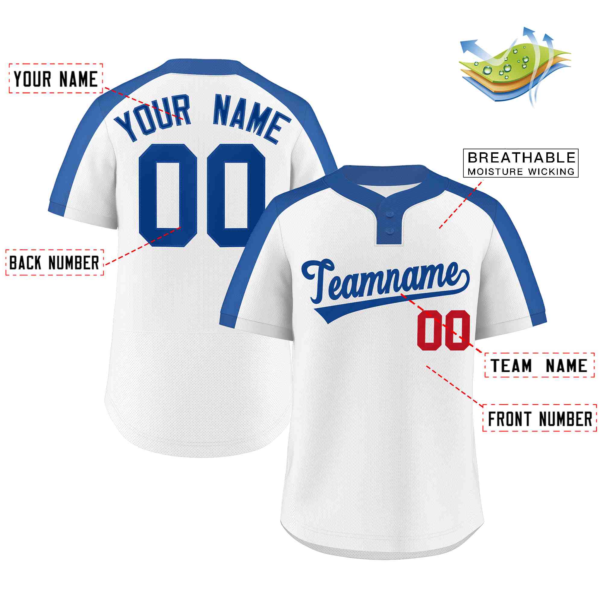 Maillot de baseball authentique à deux boutons de style classique royal blanc personnalisé