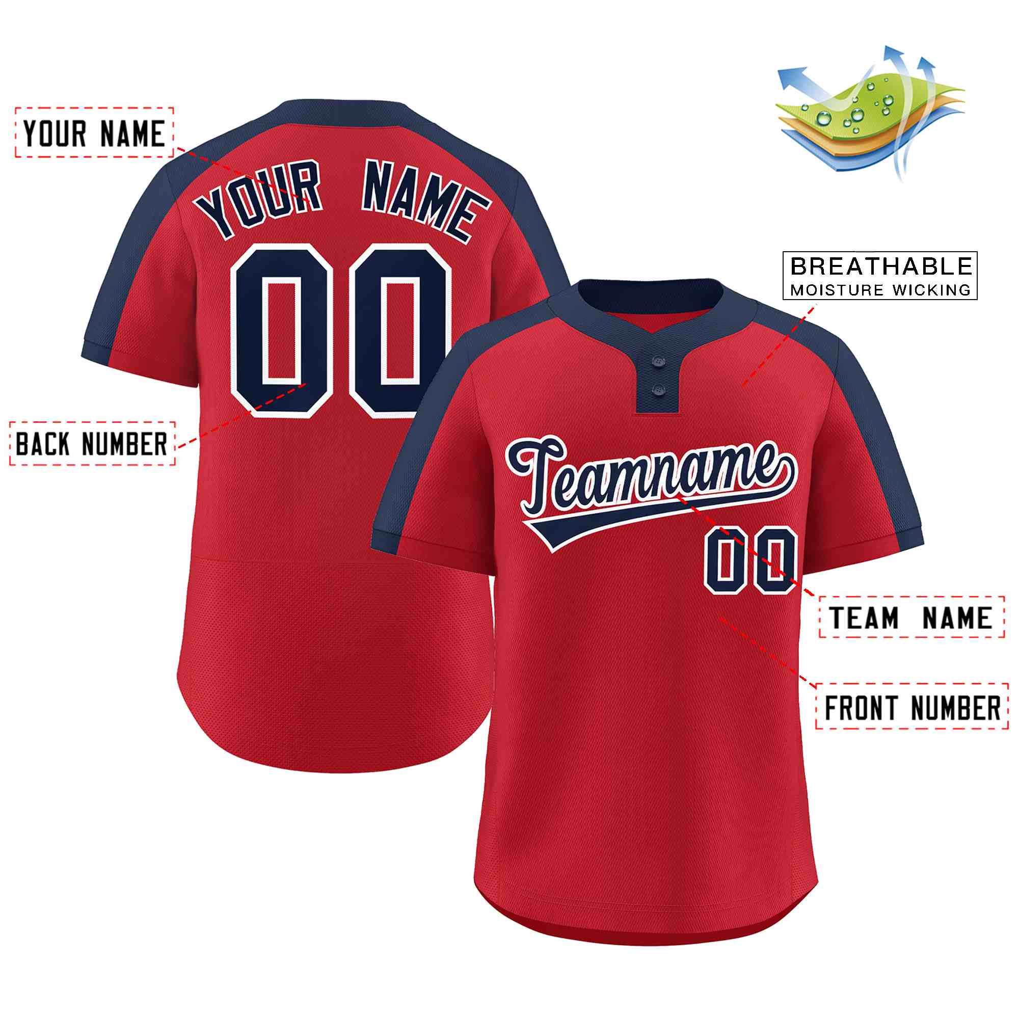 Custom Red Navy-White Classic Style Authentic Two-Button Baseball Jersey