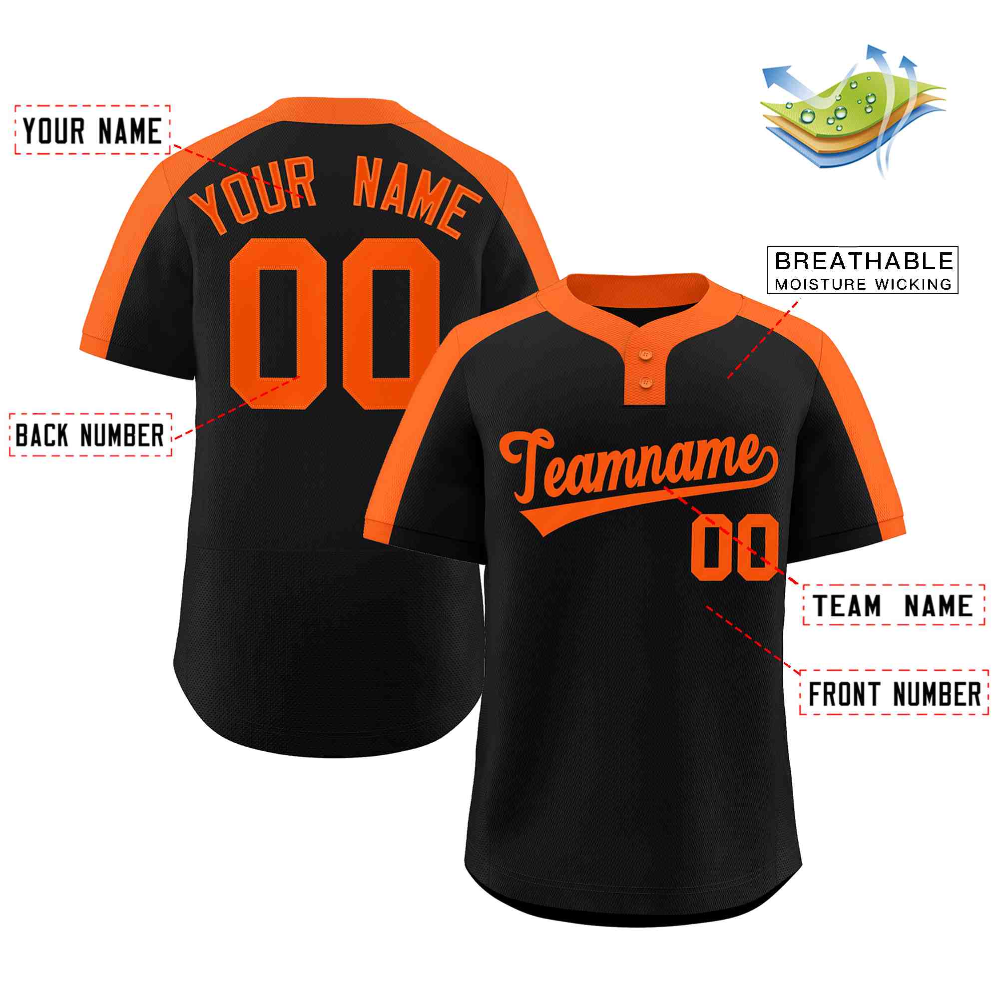 Maillot de baseball authentique à deux boutons, personnalisé, noir et orange, style classique