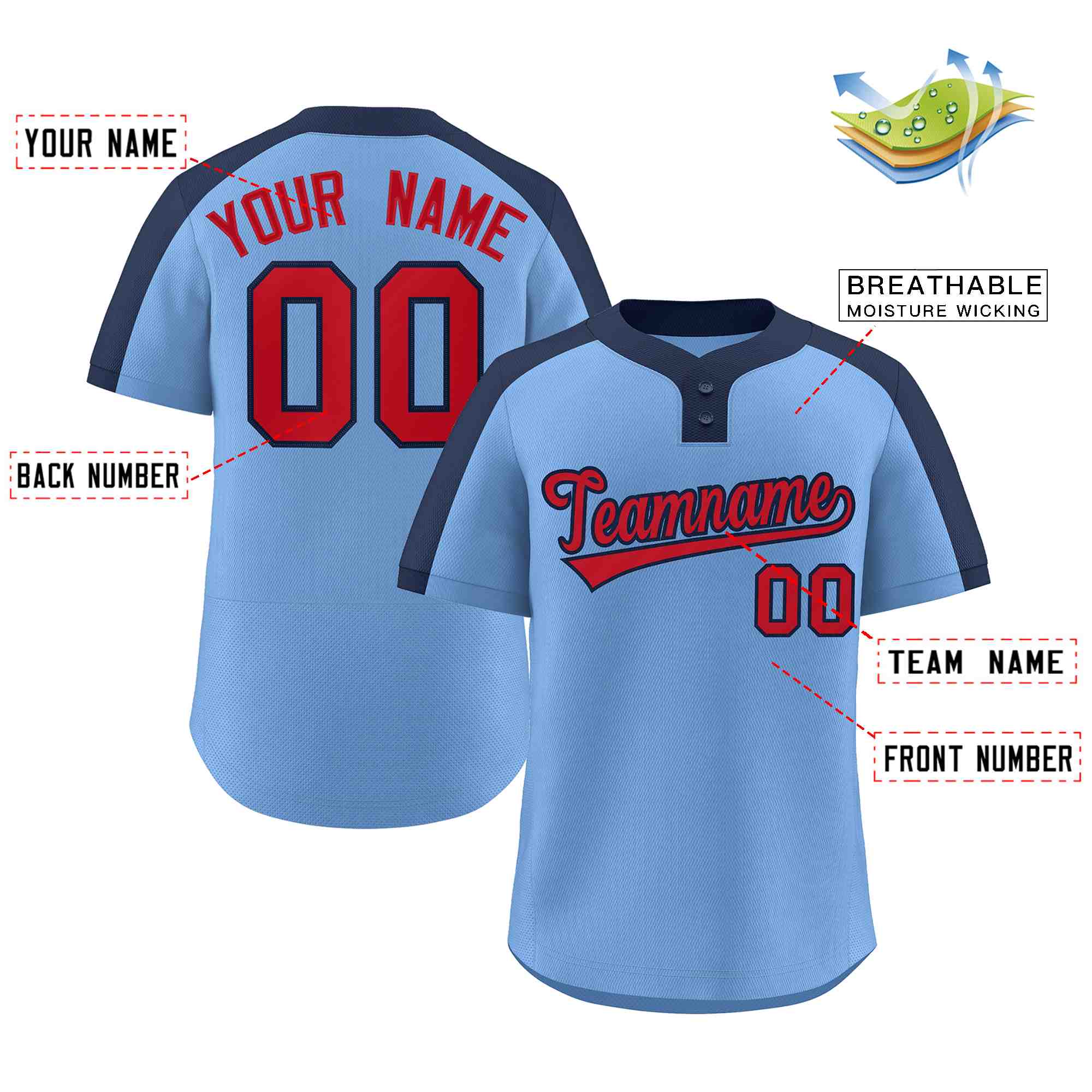 Custom Light Blue Red-Navy Classic Style Authentic Two-Button Baseball Jersey